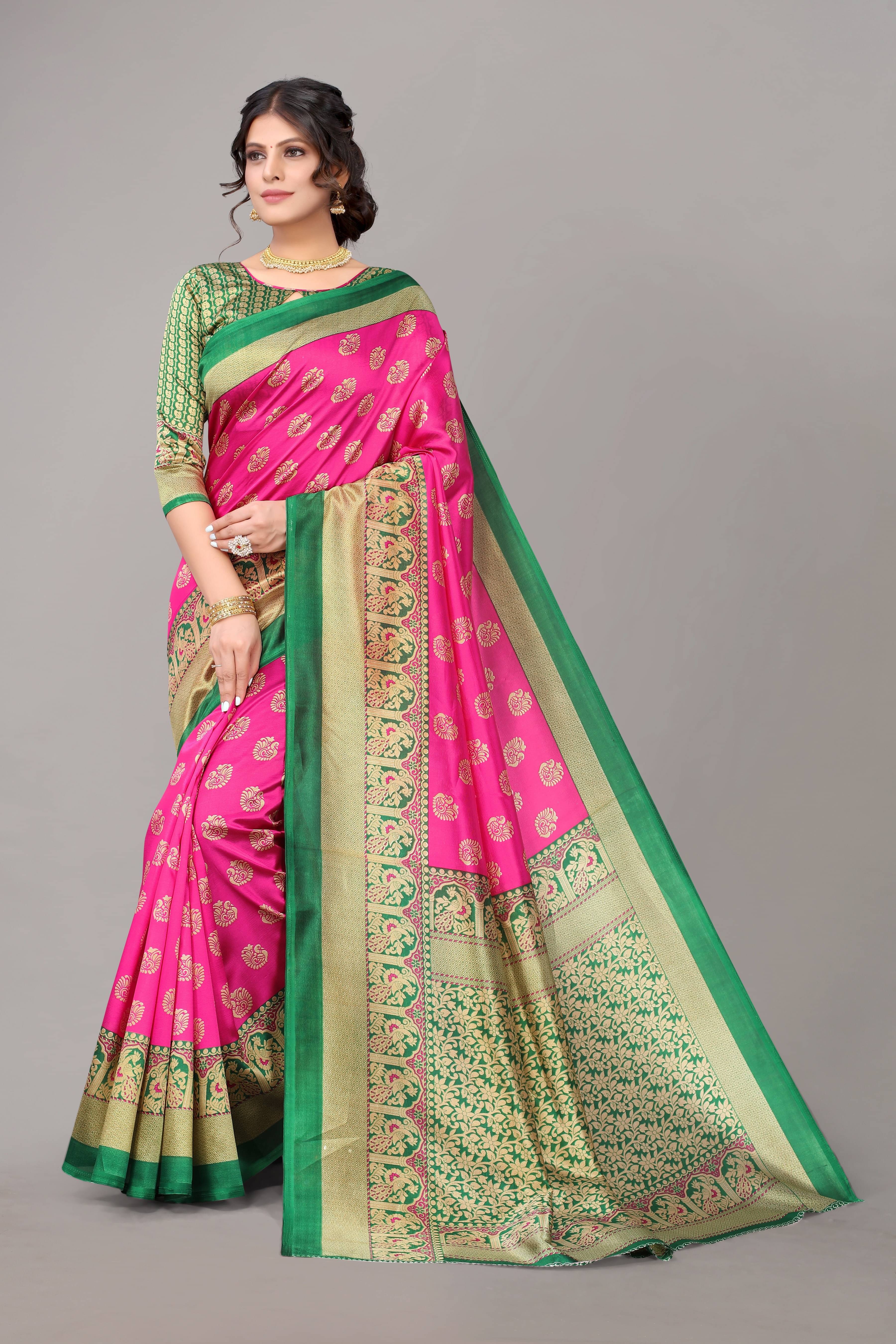     			Yashika Art Silk Printed Saree With Unstitched Blouse Piece ( Pink )