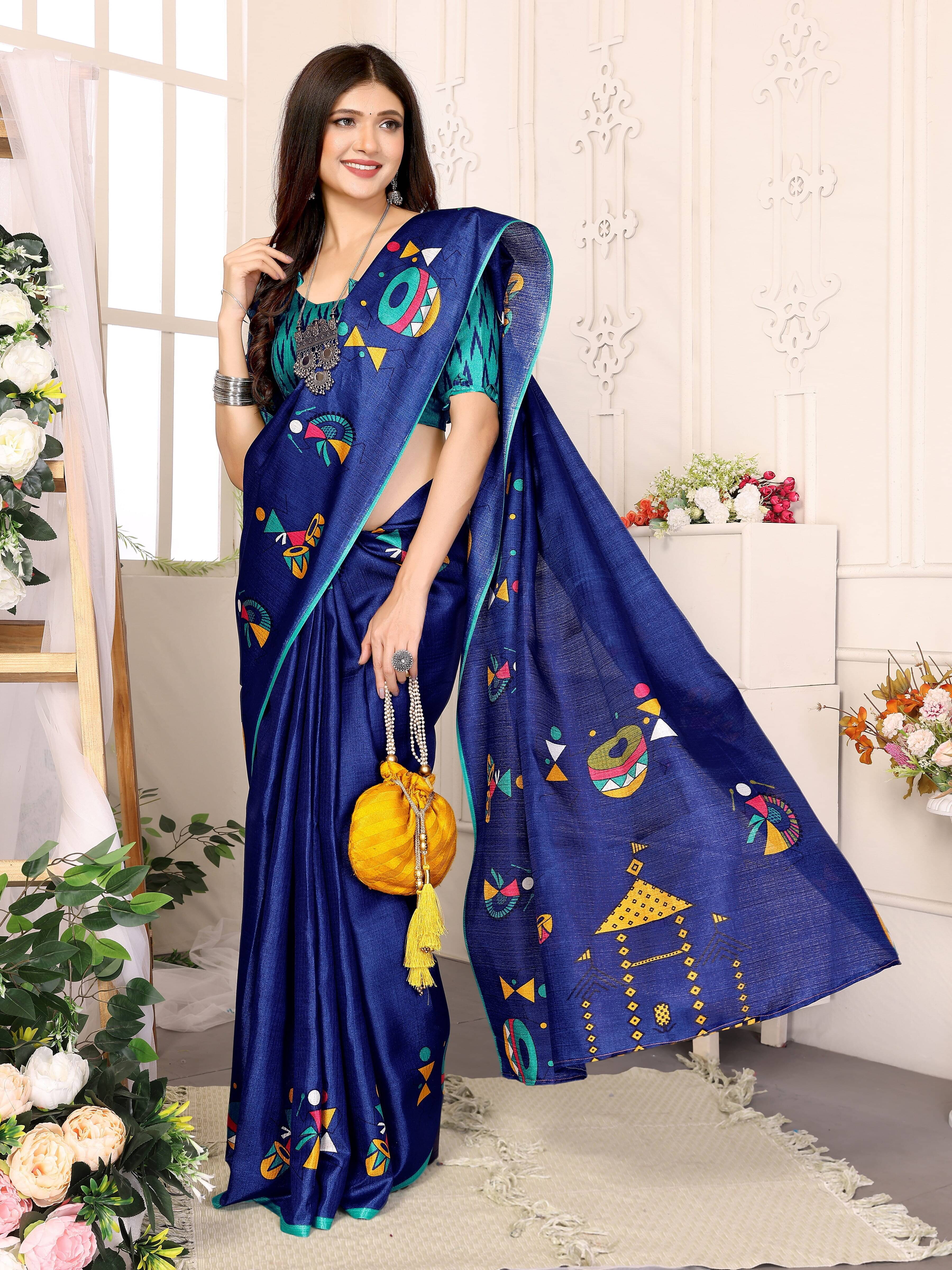 Yashika Art Silk Printed Saree With Unstitched Blouse Piece ( Blue ) Yashika Art Silk Printed Saree With Unstitched Blouse Piece ( Blue )