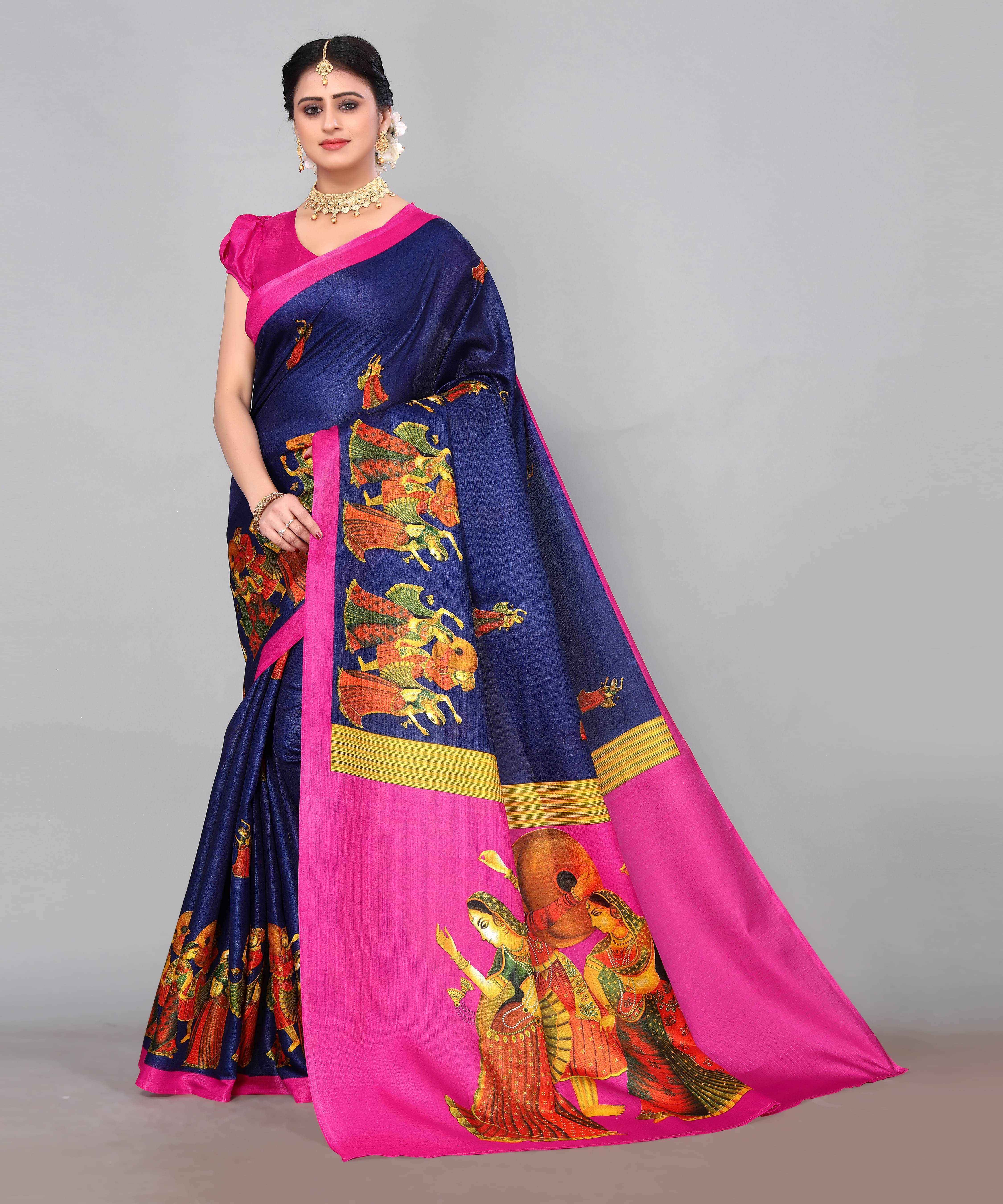 Yashika Art Silk Printed Saree With Unstitched Blouse Piece ( Blue ) Yashika Art Silk Printed Saree With Unstitched Blouse Piece ( Blue )