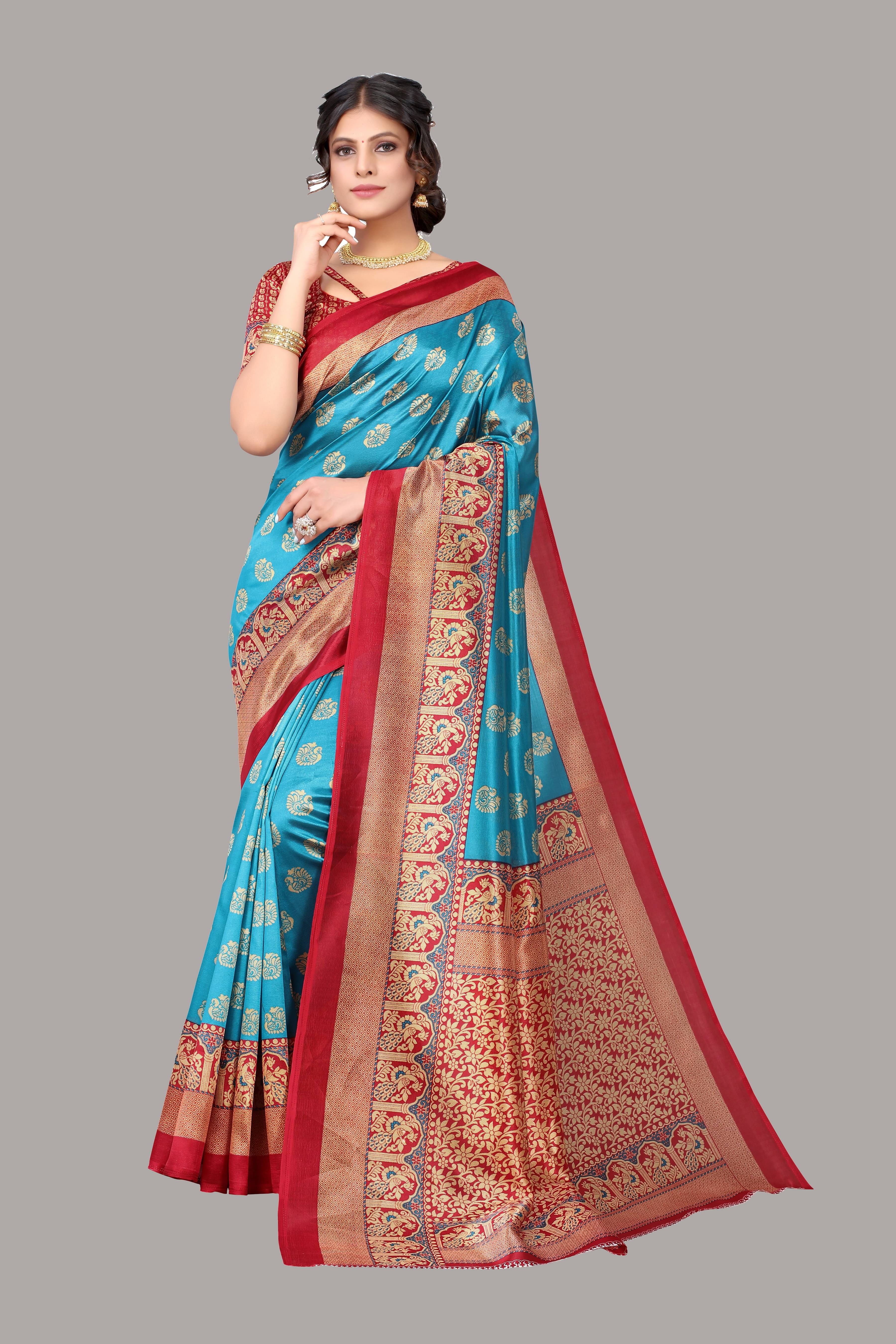     			Yashika Art Silk Printed Saree With Unstitched Blouse Piece ( Blue )