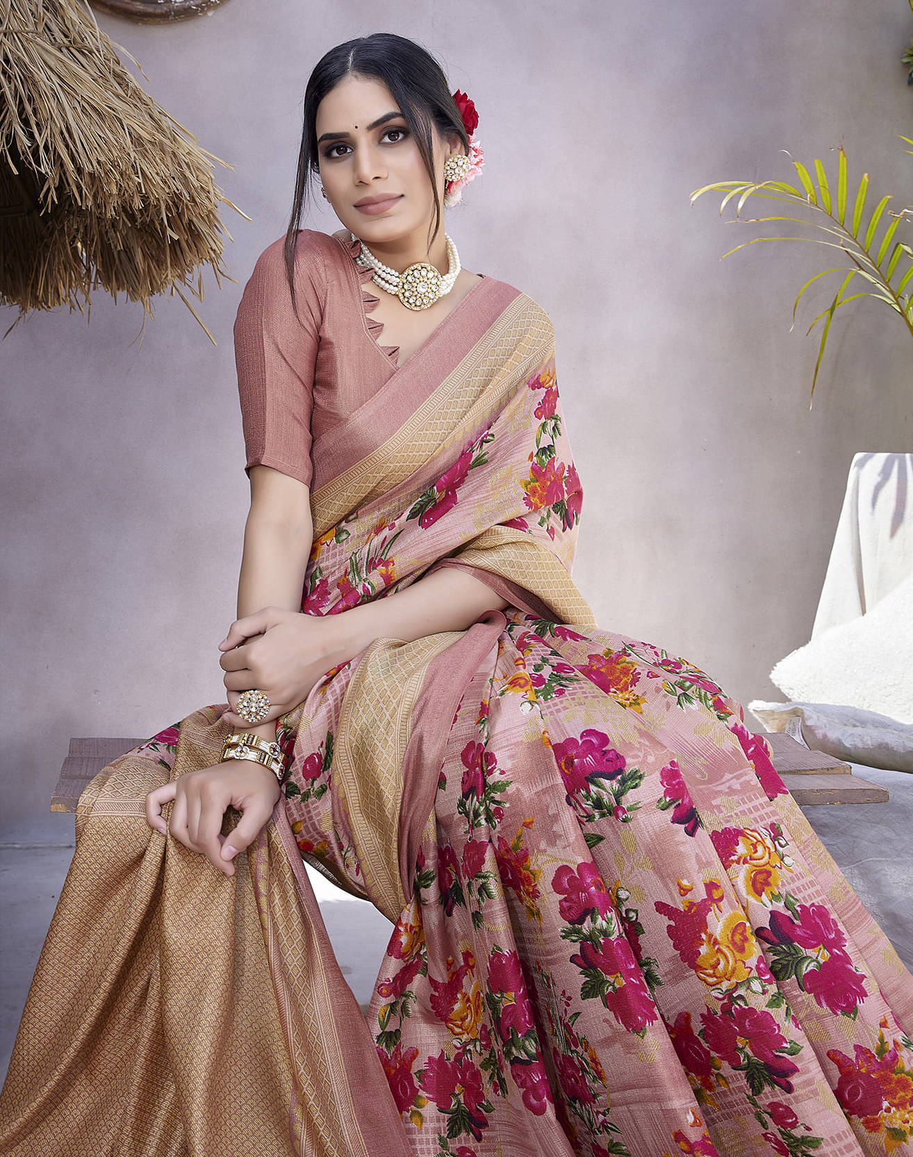     			Yashika Art Silk Printed Saree With Unstitched Blouse Piece ( Pink )