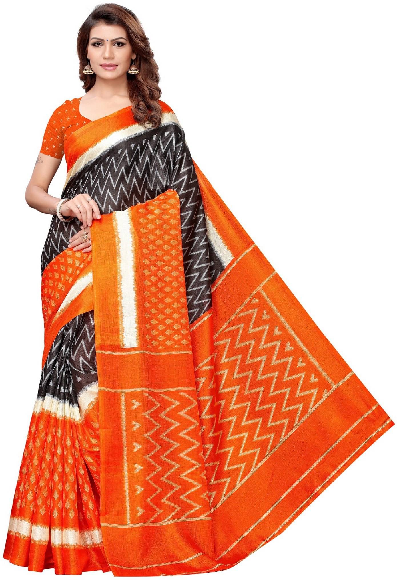     			Yashika Art Silk Printed Saree With Unstitched Blouse Piece ( Orange )