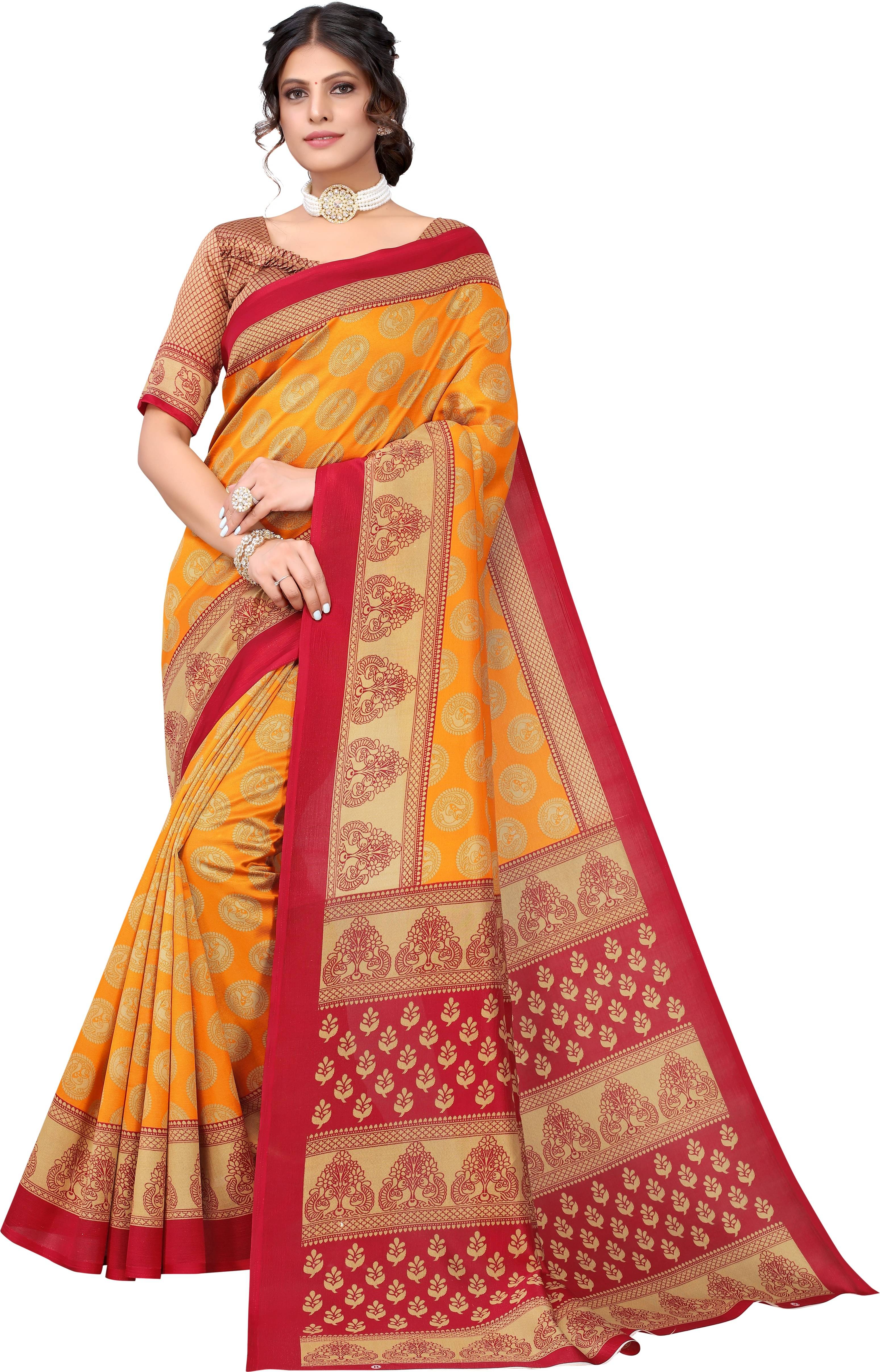 Yashika Art Silk Printed Saree With Unstitched Blouse Piece ( Mustard ) Yashika Art Silk Printed Saree With Unstitched Blouse Piece ( Mustard )