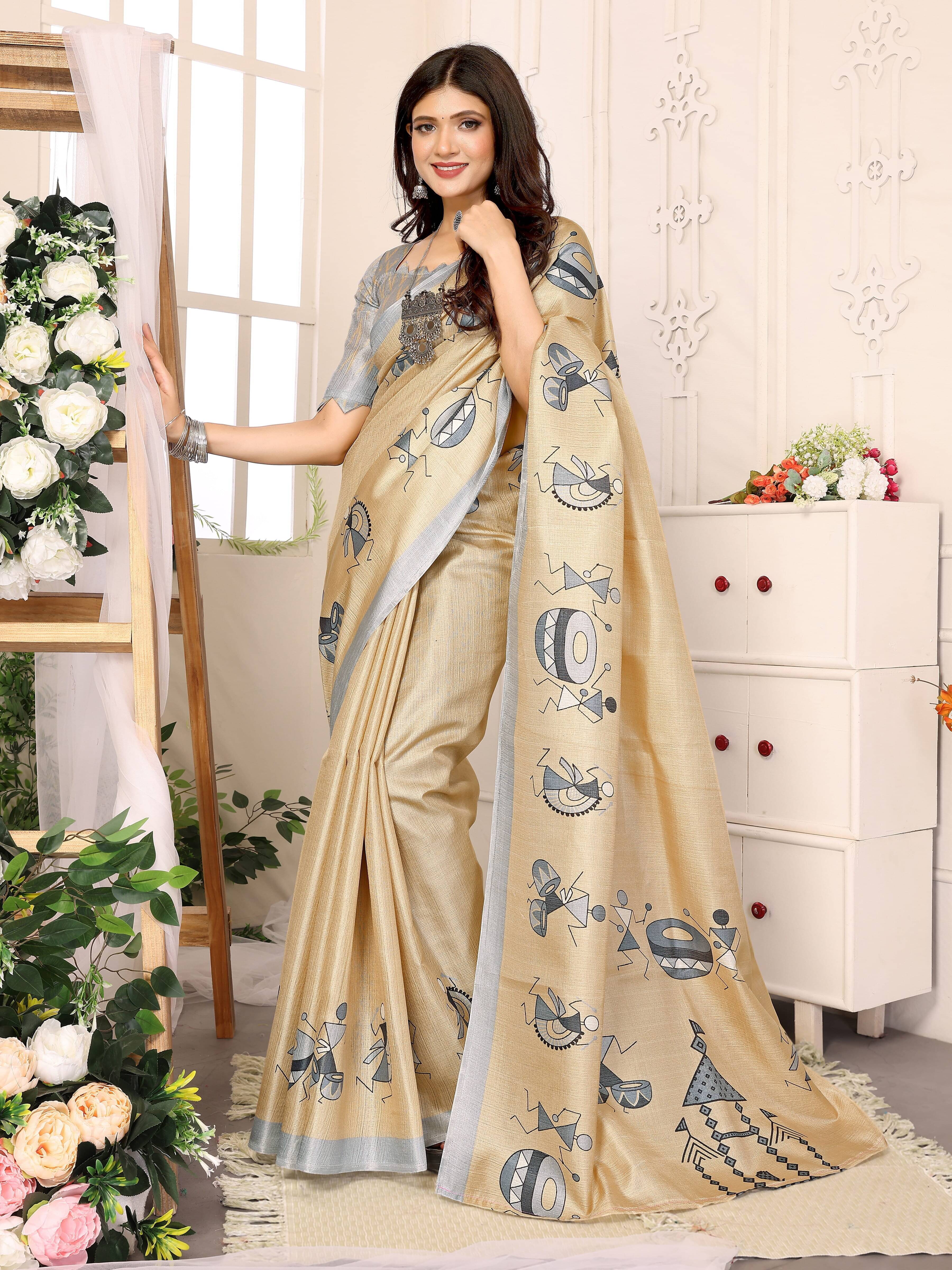 Yashika Art Silk Printed Saree With Unstitched Blouse Piece ( Cream ) Yashika Art Silk Printed Saree With Unstitched Blouse Piece ( Cream )