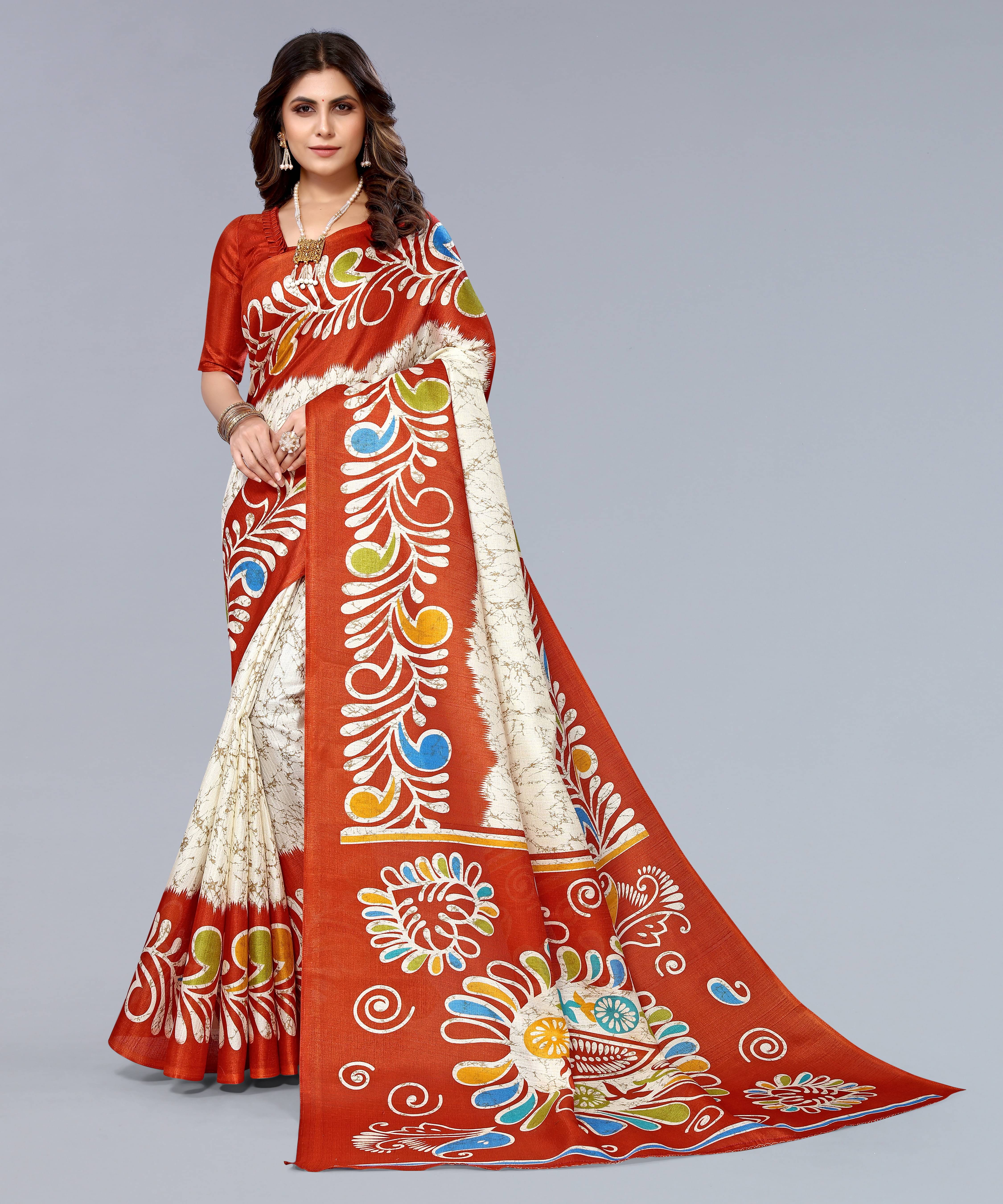 Yashika Art Silk Printed Saree With Unstitched Blouse Piece ( Orange )     			Yashika Art Silk Printed Saree With Unstitched Blouse Piece ( Orange )