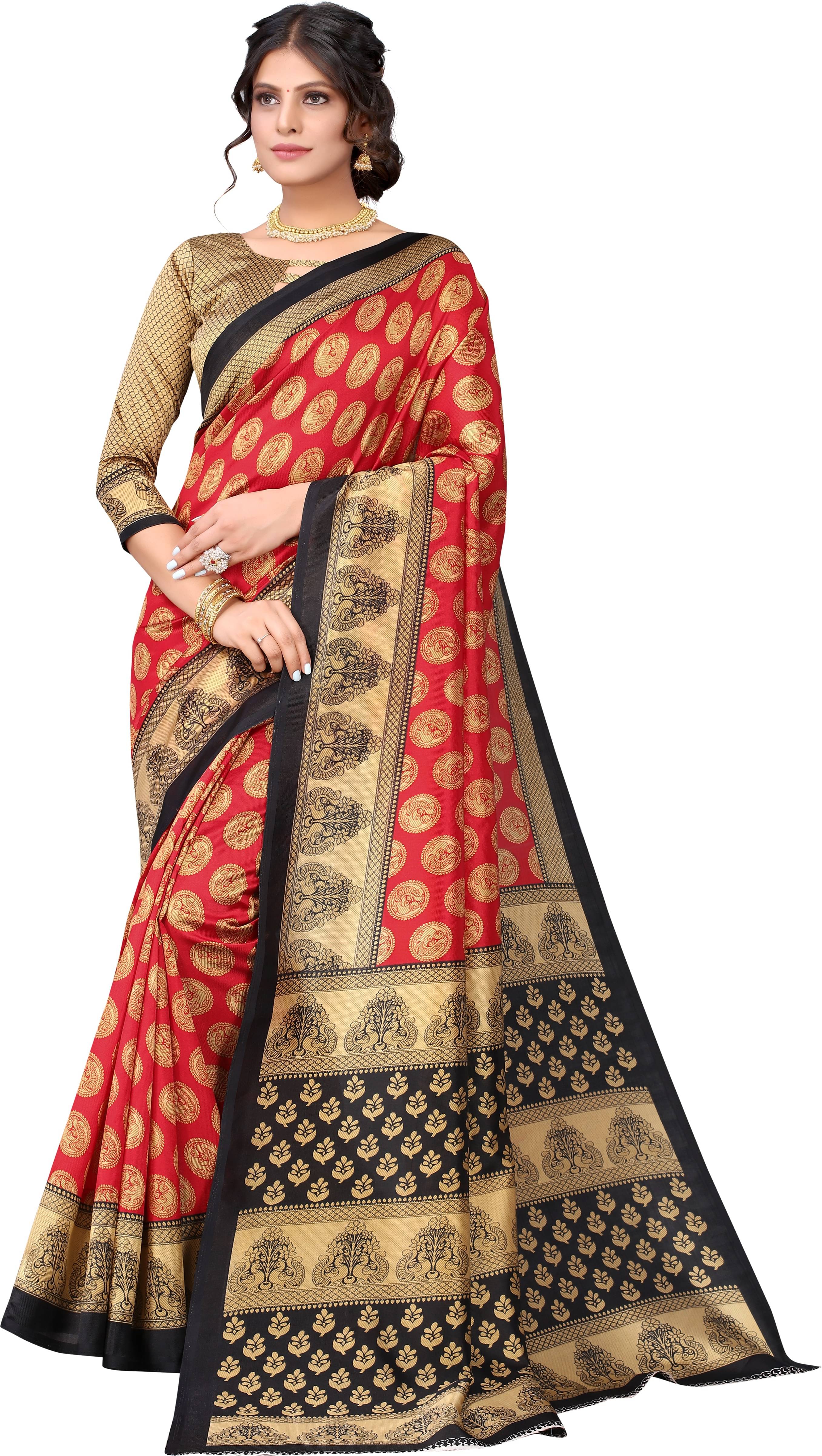 Yashika Art Silk Printed Saree With Unstitched Blouse Piece ( Red ) Yashika Art Silk Printed Saree With Unstitched Blouse Piece ( Red )