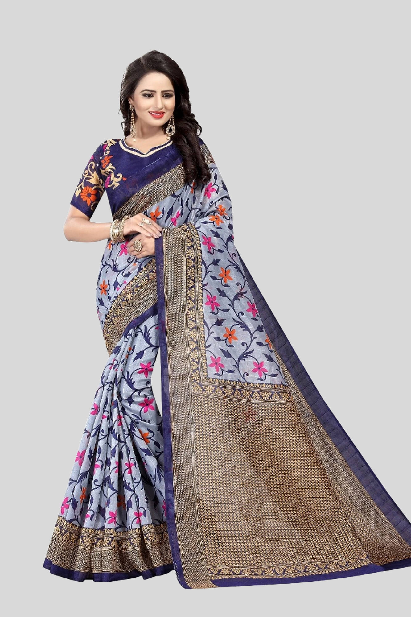     			Yashika Art Silk Printed Saree With Unstitched Blouse Piece ( Blue )