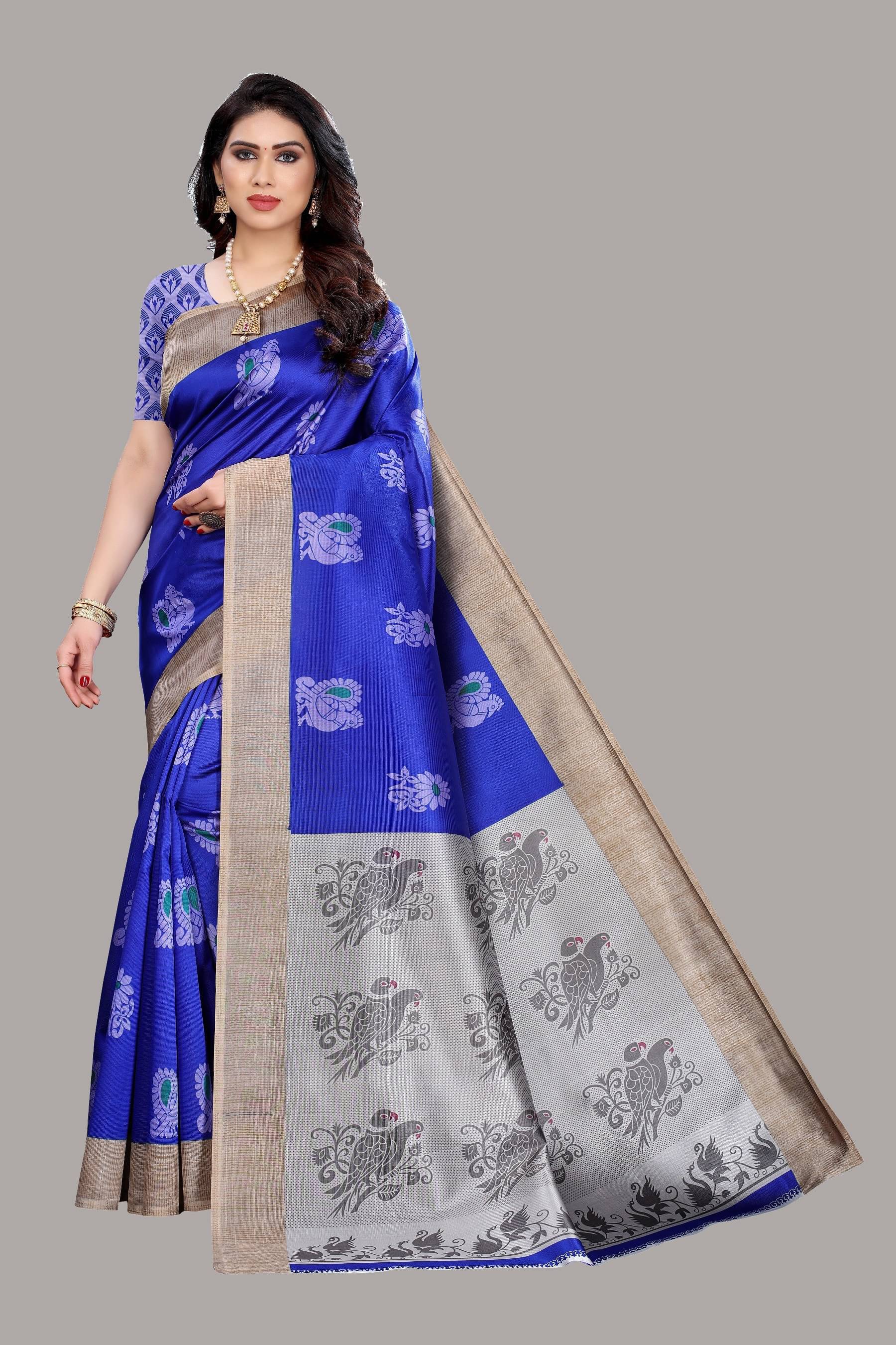 Yashika Art Silk Printed Saree With Unstitched Blouse Piece ( Blue ) Yashika Art Silk Printed Saree With Unstitched Blouse Piece ( Blue )