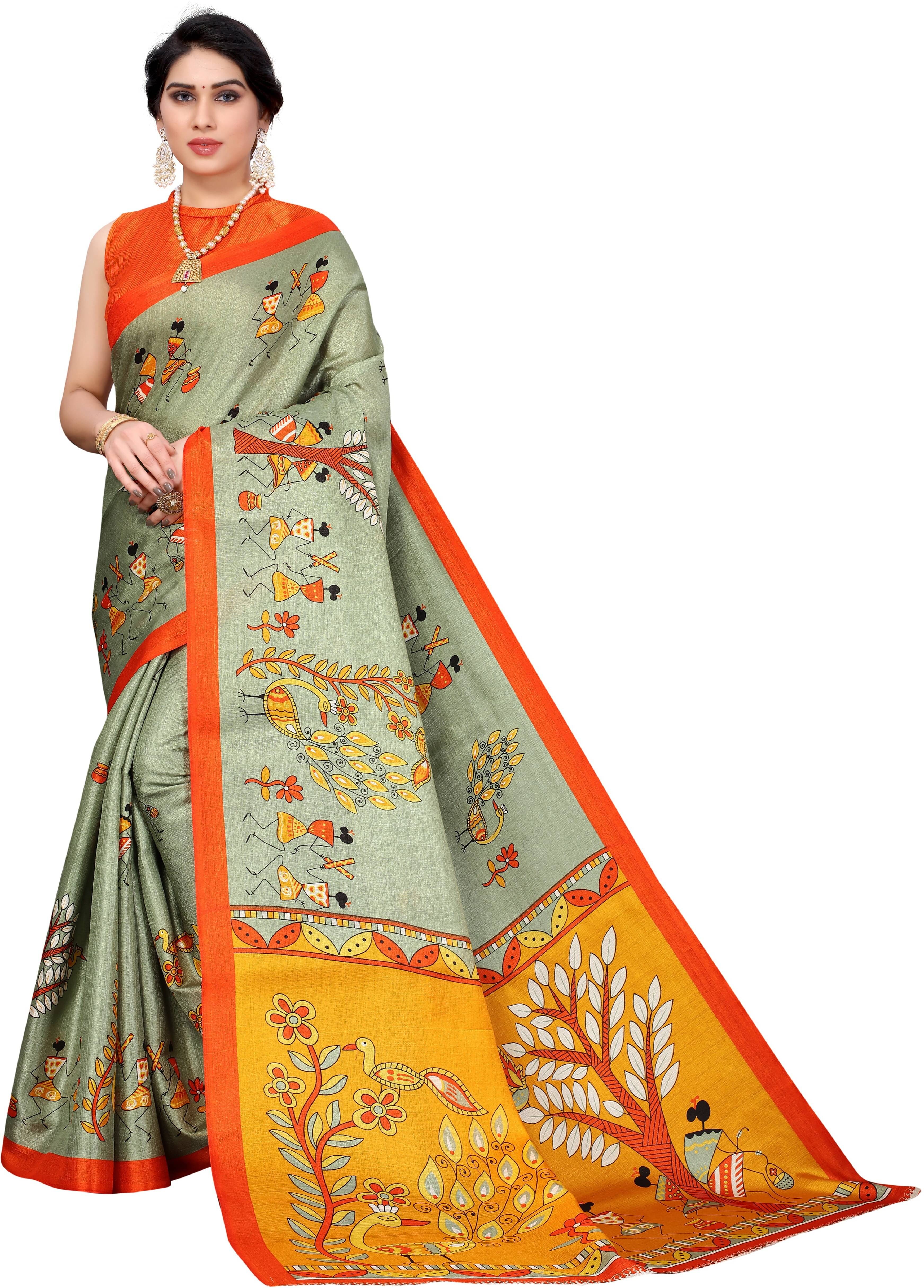     			Yashika Art Silk Printed Saree With Unstitched Blouse Piece ( Green )