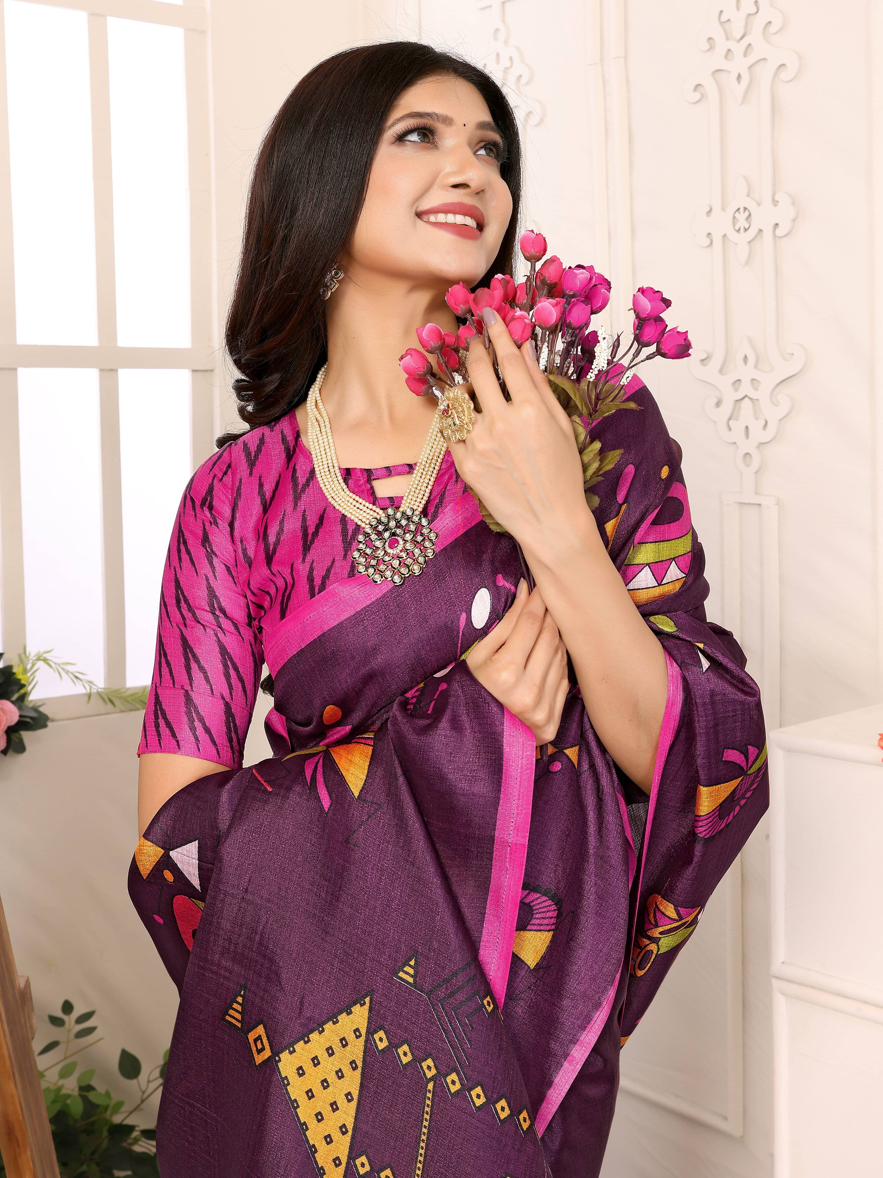    			Yashika Art Silk Printed Saree With Unstitched Blouse Piece ( Purple )