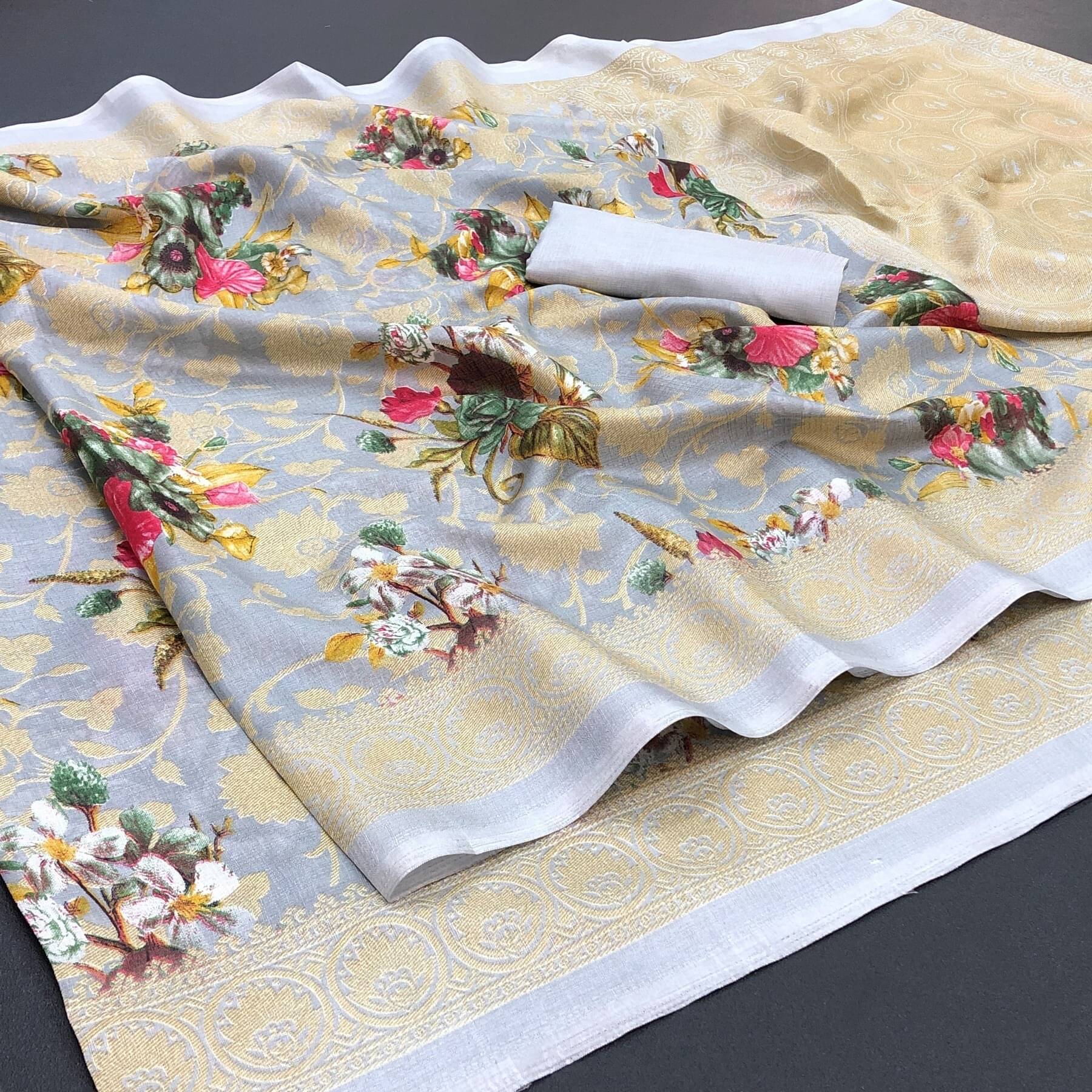 Yashika Art Silk Printed Saree With Unstitched Blouse Piece ( Grey ) Yashika Art Silk Printed Saree With Unstitched Blouse Piece ( Grey )