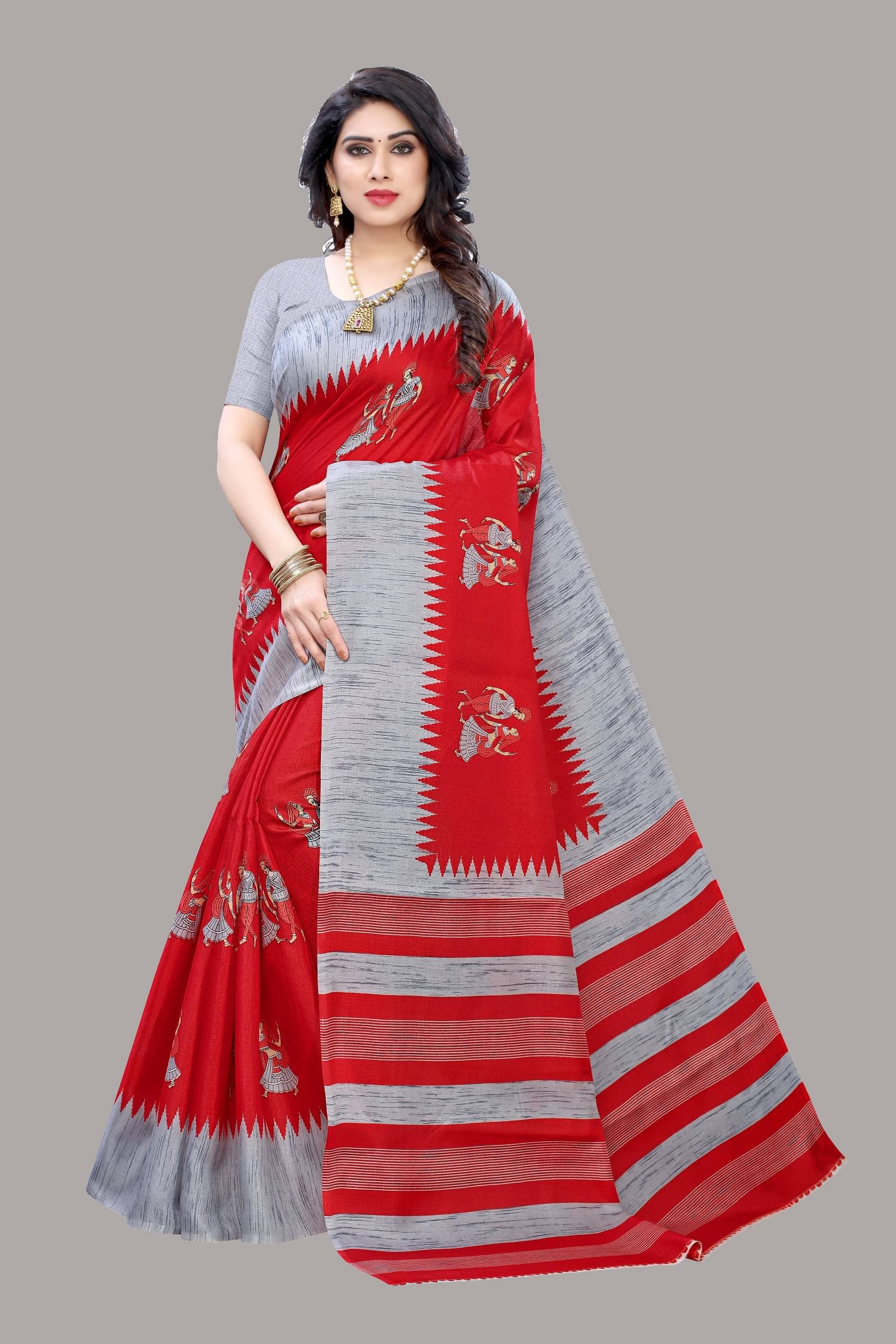     			Yashika Art Silk Printed Saree With Unstitched Blouse Piece ( Red )
