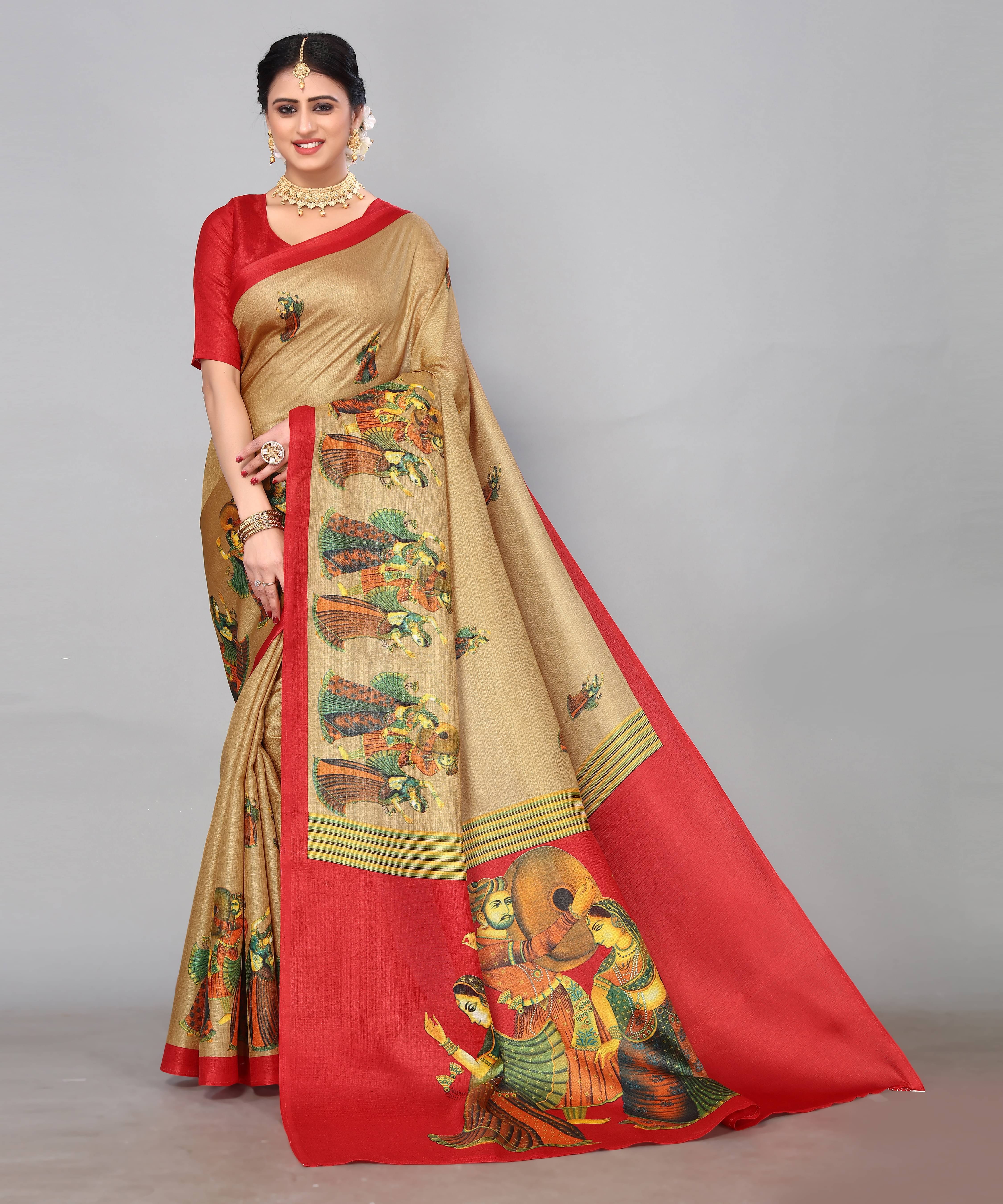 Yashika Art Silk Printed Saree With Unstitched Blouse Piece ( Cream ) Yashika Art Silk Printed Saree With Unstitched Blouse Piece ( Cream )