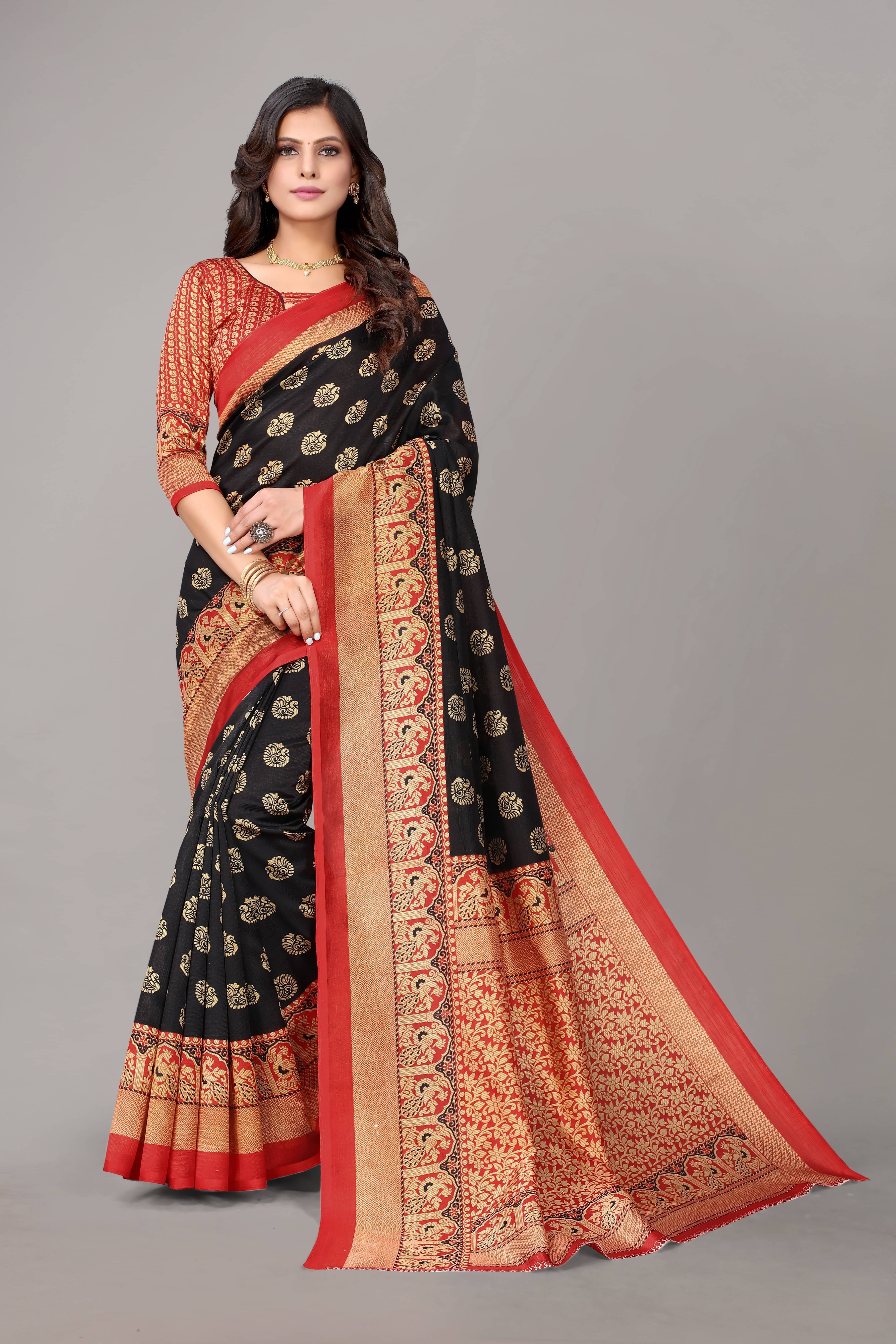 Yashika Art Silk Printed Saree With Unstitched Blouse Piece ( Black ) Yashika Art Silk Printed Saree With Unstitched Blouse Piece ( Black )