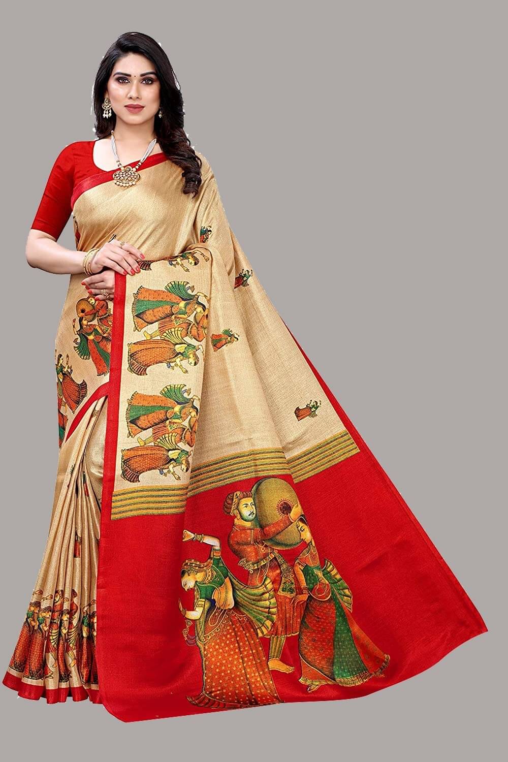     			Yashika Art Silk Printed Saree With Unstitched Blouse Piece ( Brown )