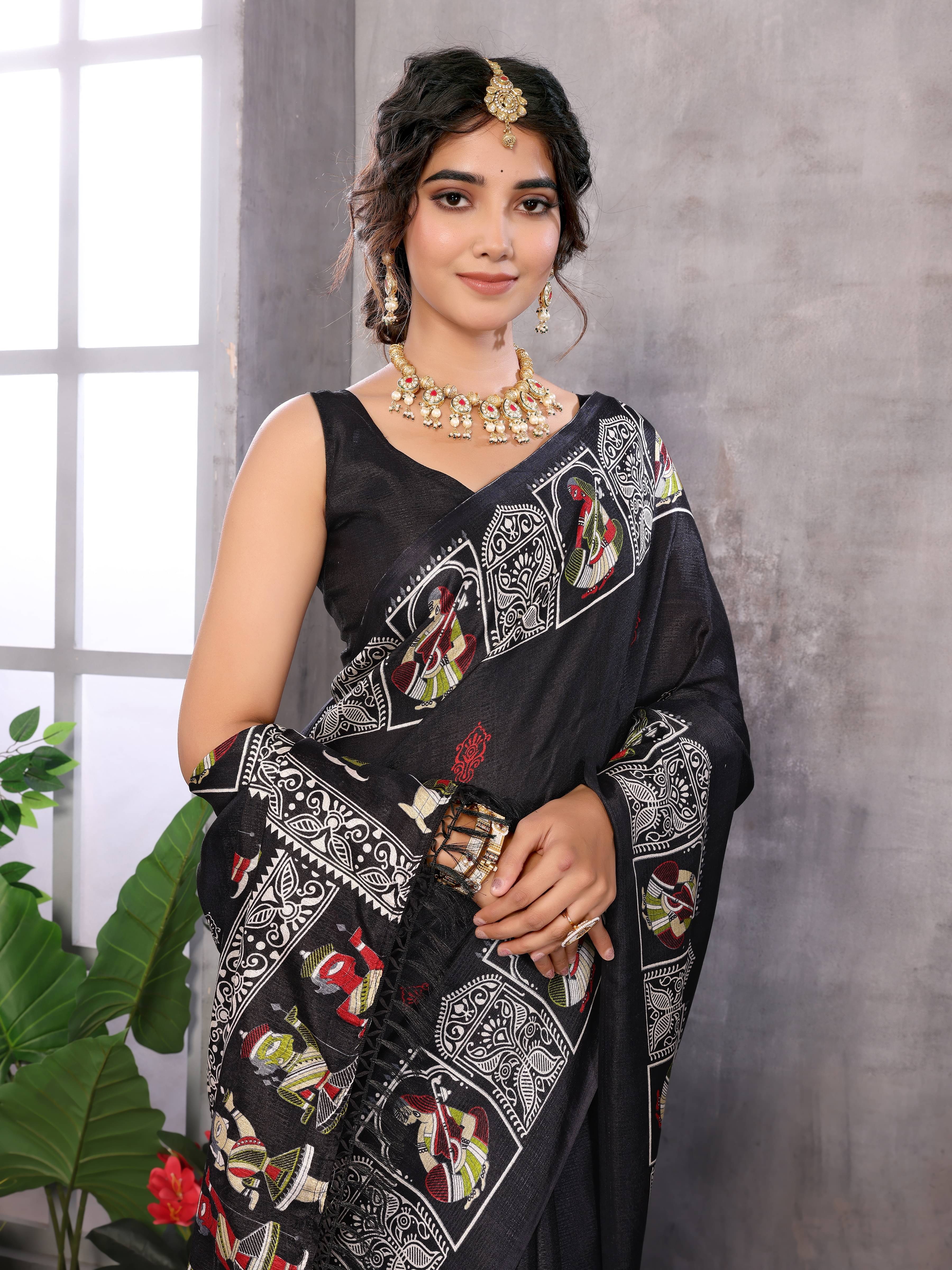 Yashika Art Silk Printed Saree With Unstitched Blouse Piece ( Black ) Yashika Art Silk Printed Saree With Unstitched Blouse Piece ( Black )