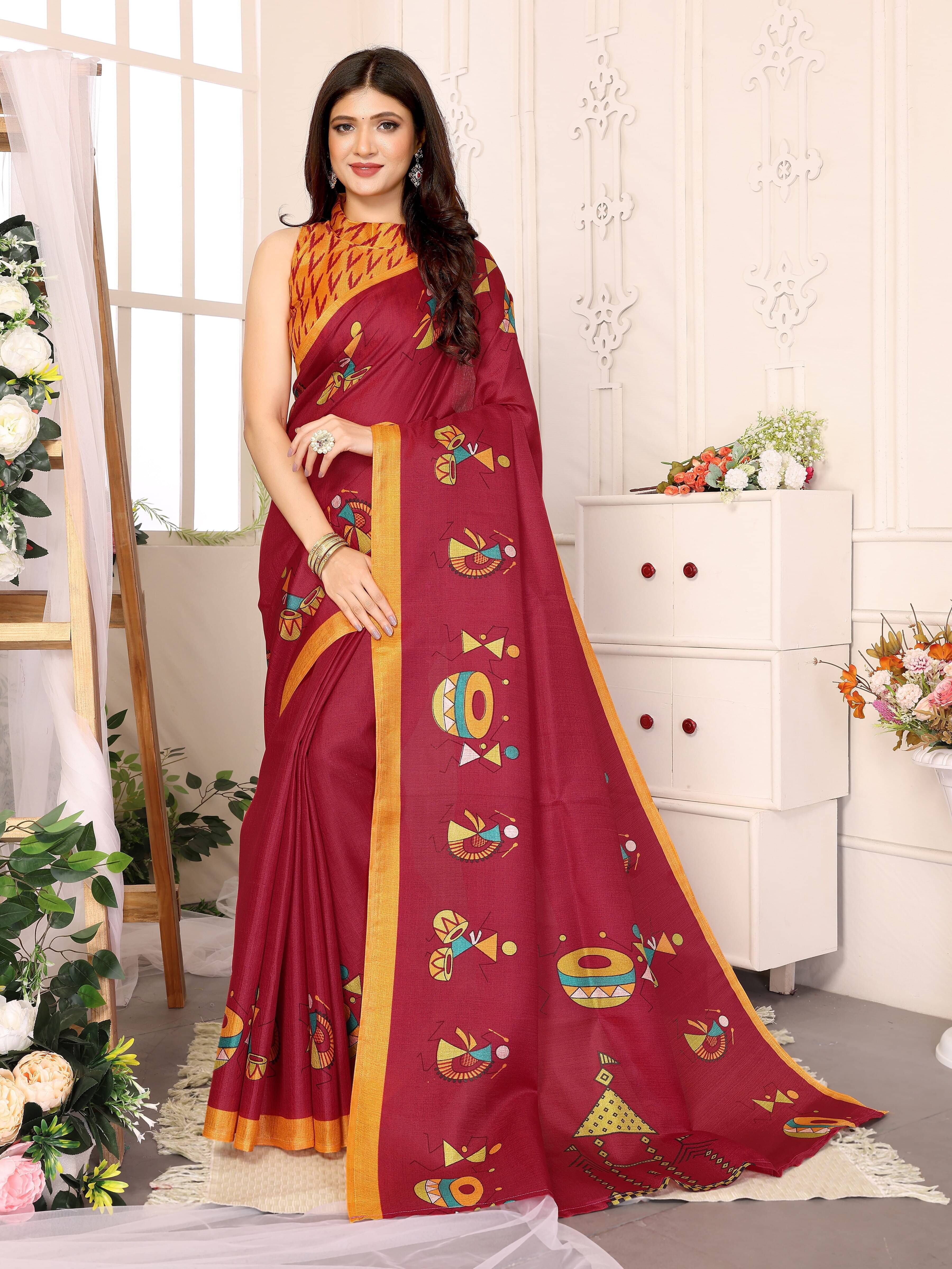     			Yashika Art Silk Printed Saree With Unstitched Blouse Piece ( Maroon )