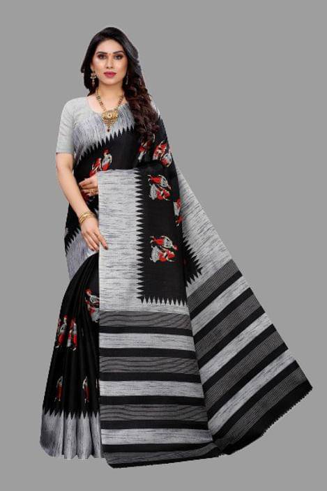 Yashika Art Silk Printed Saree With Unstitched Blouse Piece ( Black ) Yashika Art Silk Printed Saree With Unstitched Blouse Piece ( Black )