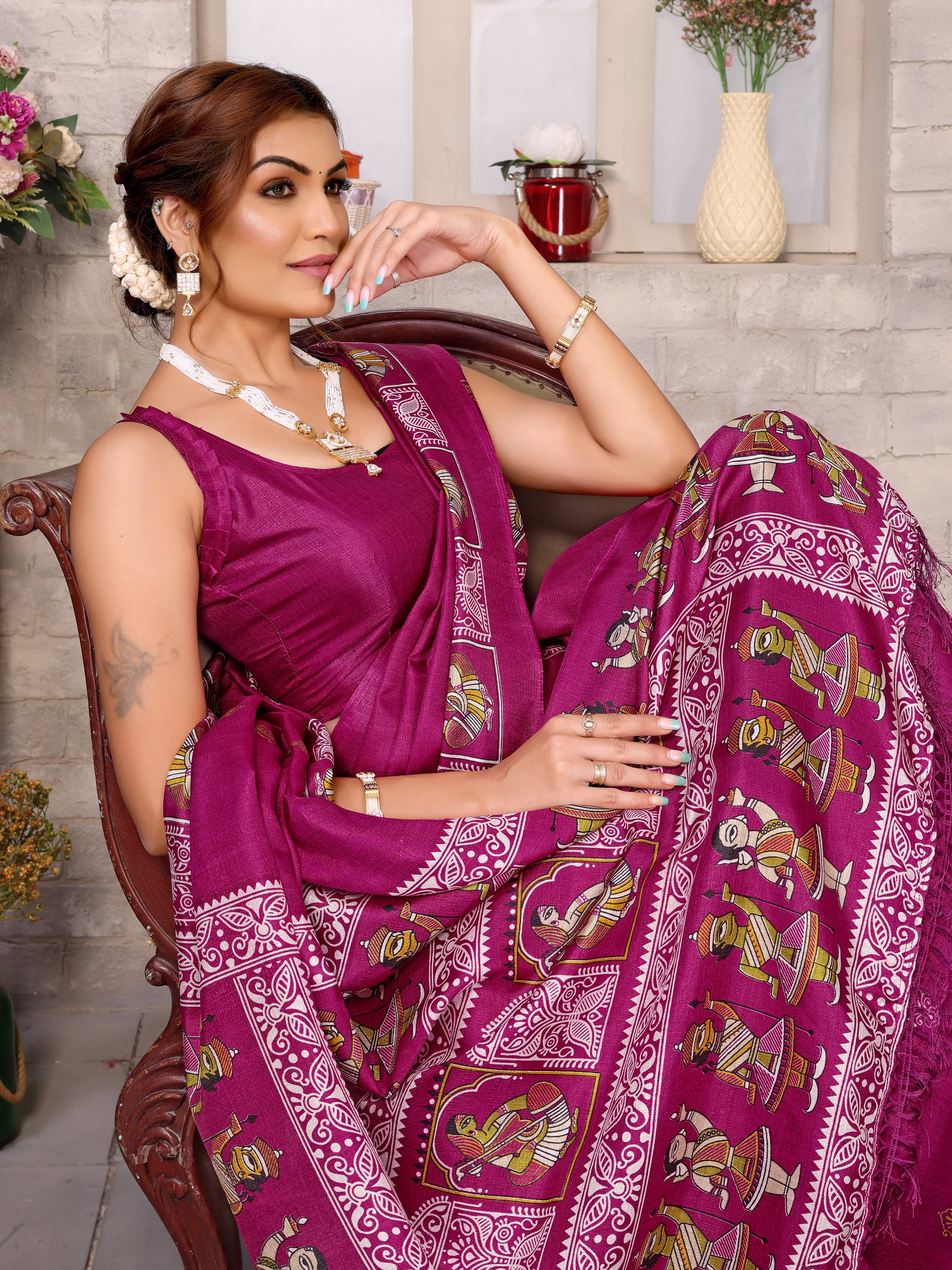     			Yashika Art Silk Printed Saree With Unstitched Blouse Piece ( Purple )
