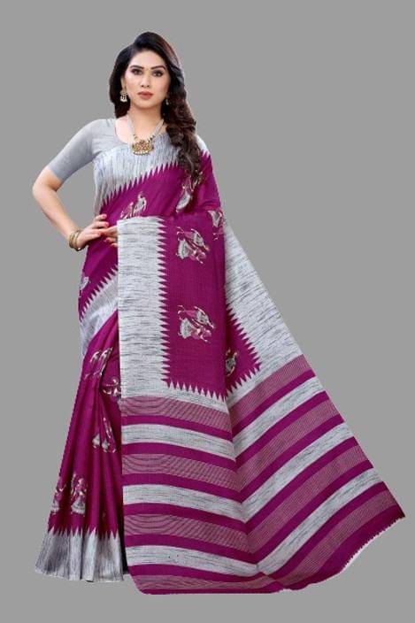     			Yashika Art Silk Printed Saree With Unstitched Blouse Piece ( Purple )