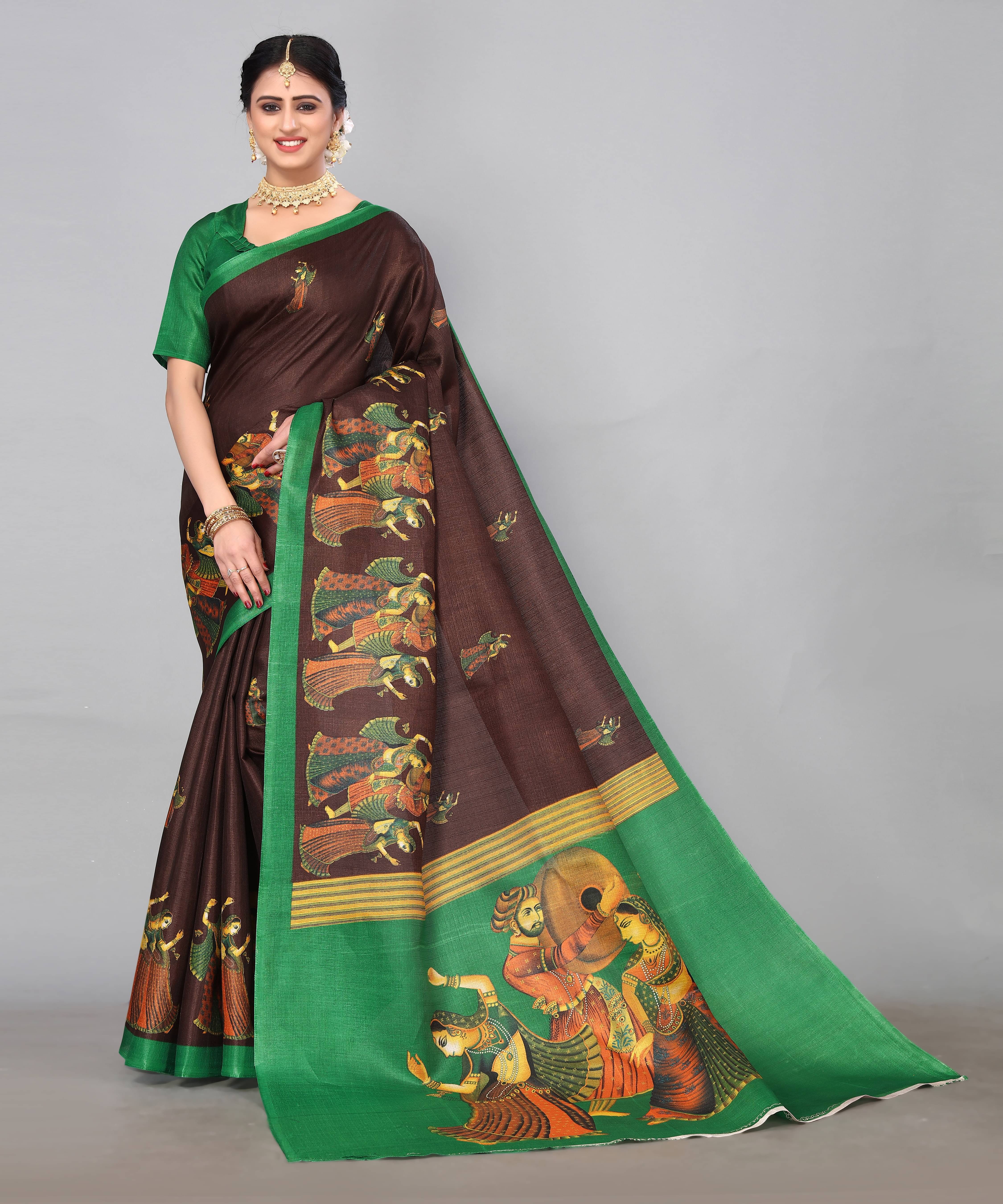 Yashika Art Silk Printed Saree With Unstitched Blouse Piece ( Brown ) Yashika Art Silk Printed Saree With Unstitched Blouse Piece ( Brown )