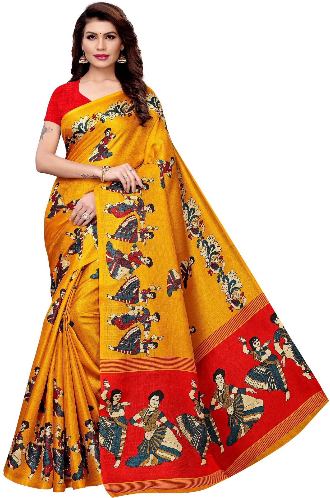     			Yashika Art Silk Printed Saree With Unstitched Blouse Piece ( Yellow )