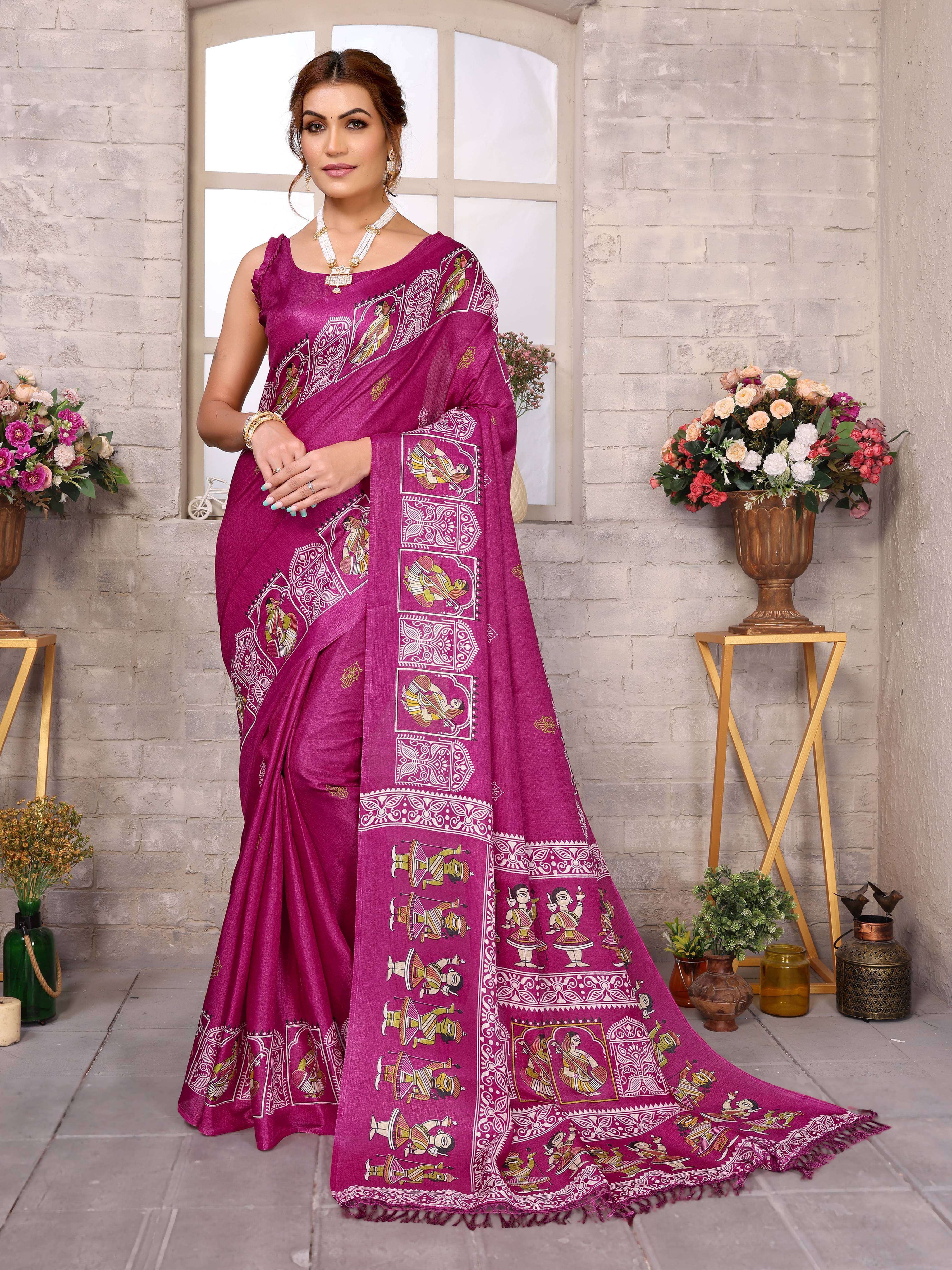     			Yashika Art Silk Printed Saree With Unstitched Blouse Piece ( Purple )