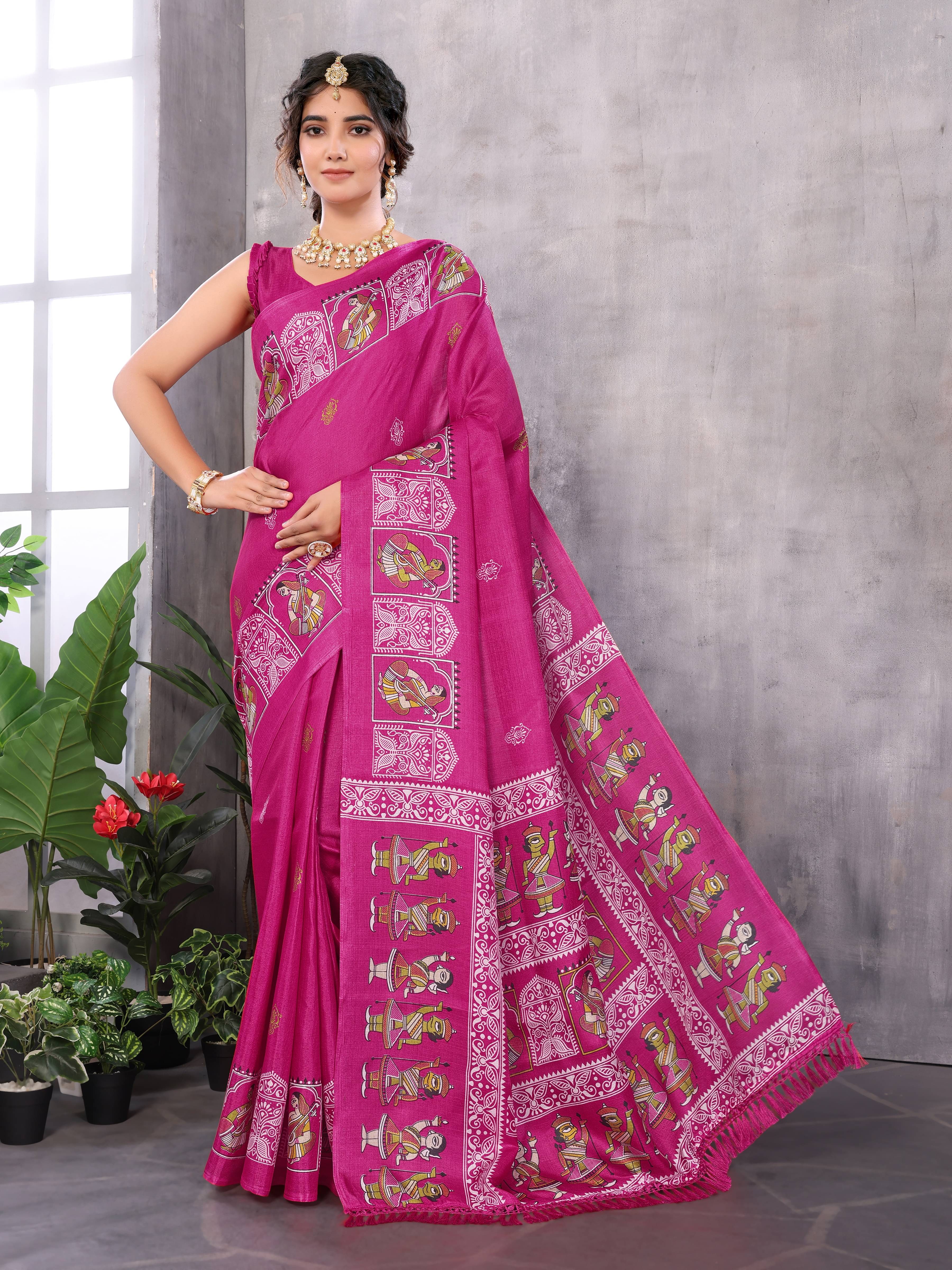 Yashika Art Silk Printed Saree With Unstitched Blouse Piece ( Pink ) Yashika Art Silk Printed Saree With Unstitched Blouse Piece ( Pink )