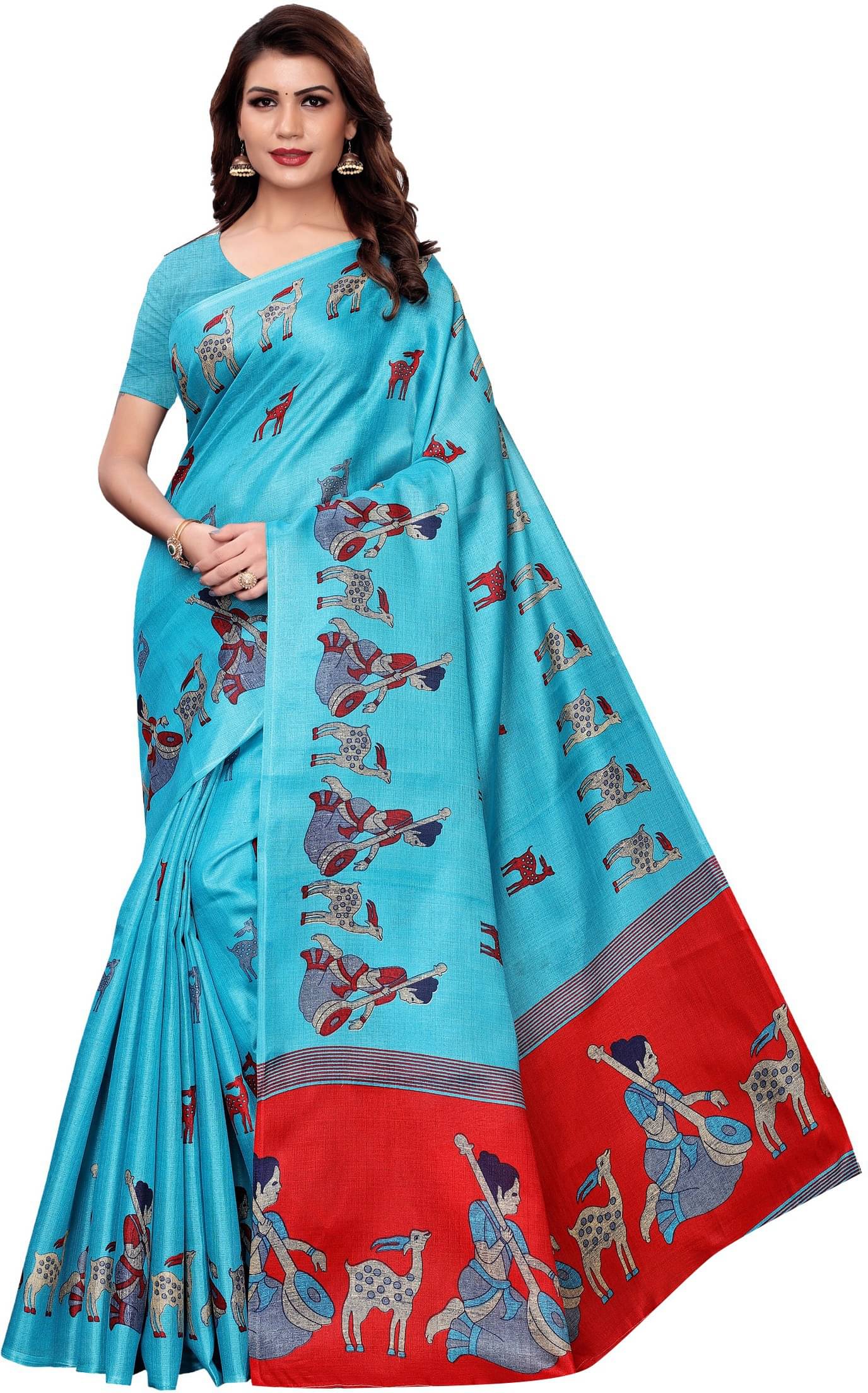 Yashika Art Silk Printed Saree With Unstitched Blouse Piece ( Blue ) Yashika Art Silk Printed Saree With Unstitched Blouse Piece ( Blue )