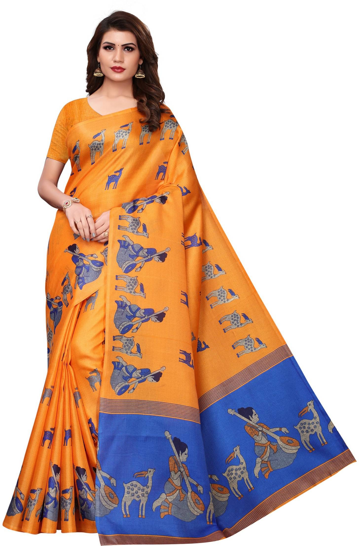 Yashika Art Silk Printed Saree With Unstitched Blouse Piece ( Orange ) Yashika Art Silk Printed Saree With Unstitched Blouse Piece ( Orange )
