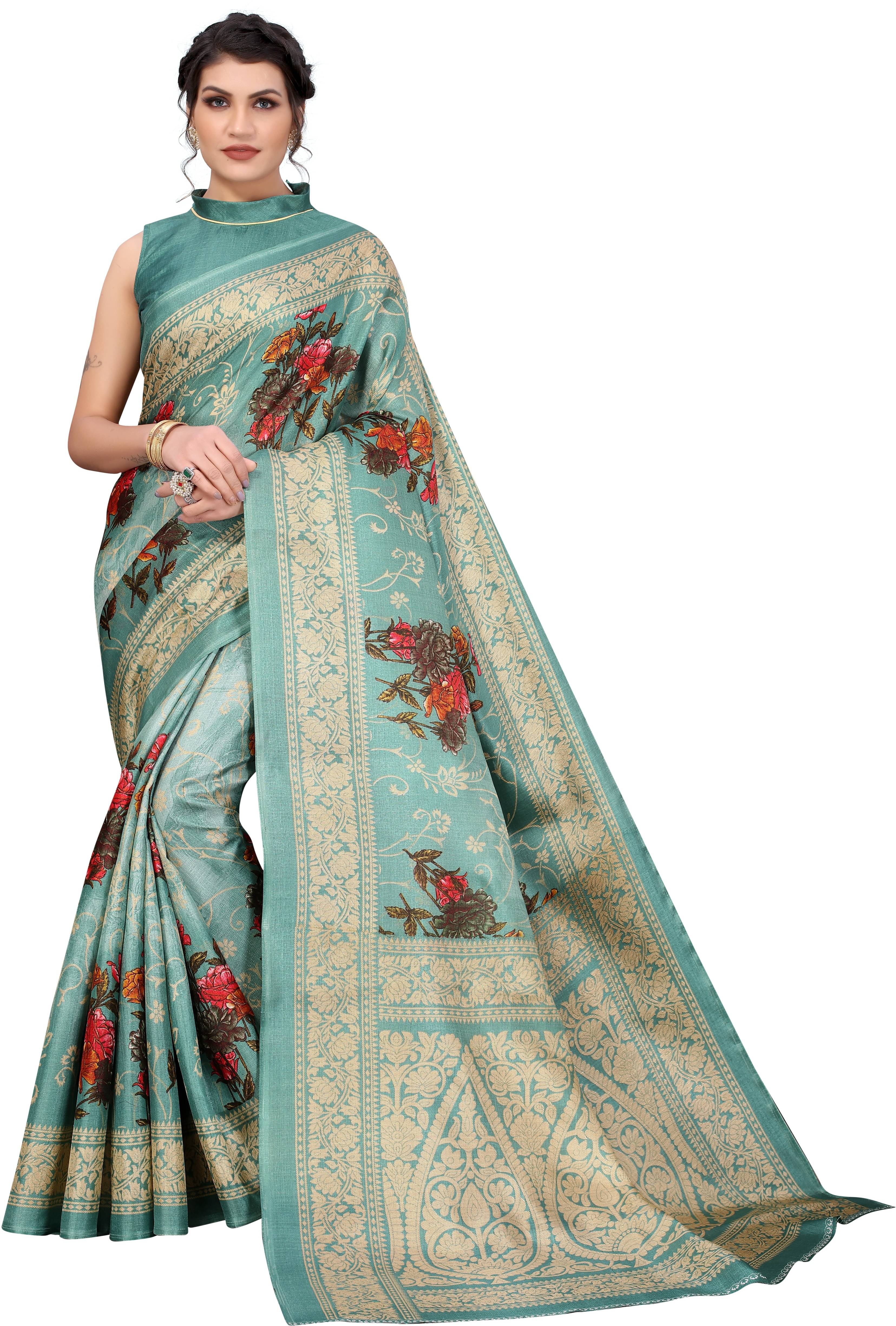     			Yashika Art Silk Printed Saree With Unstitched Blouse Piece ( Green )