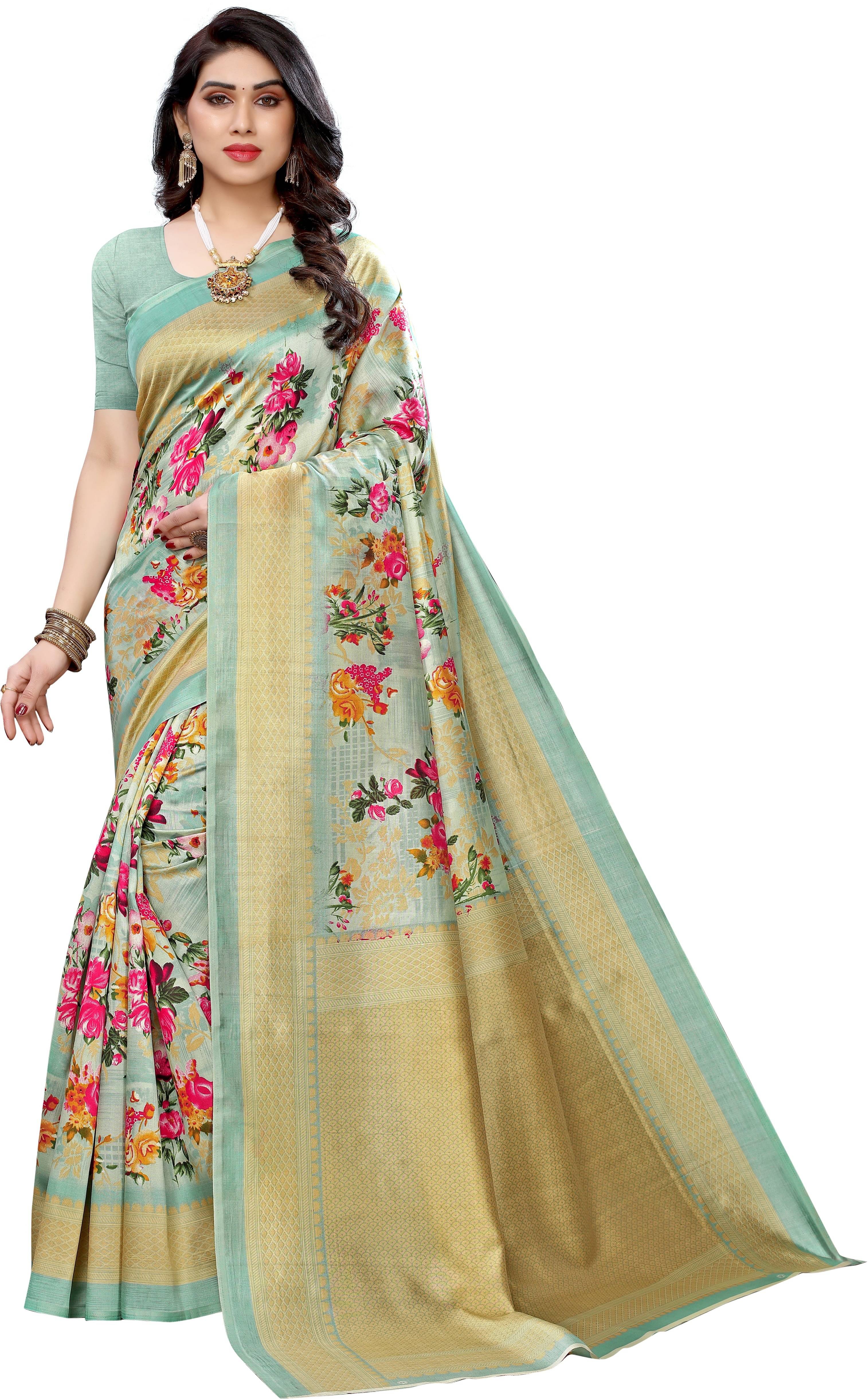     			Yashika Art Silk Printed Saree With Unstitched Blouse Piece ( Green )