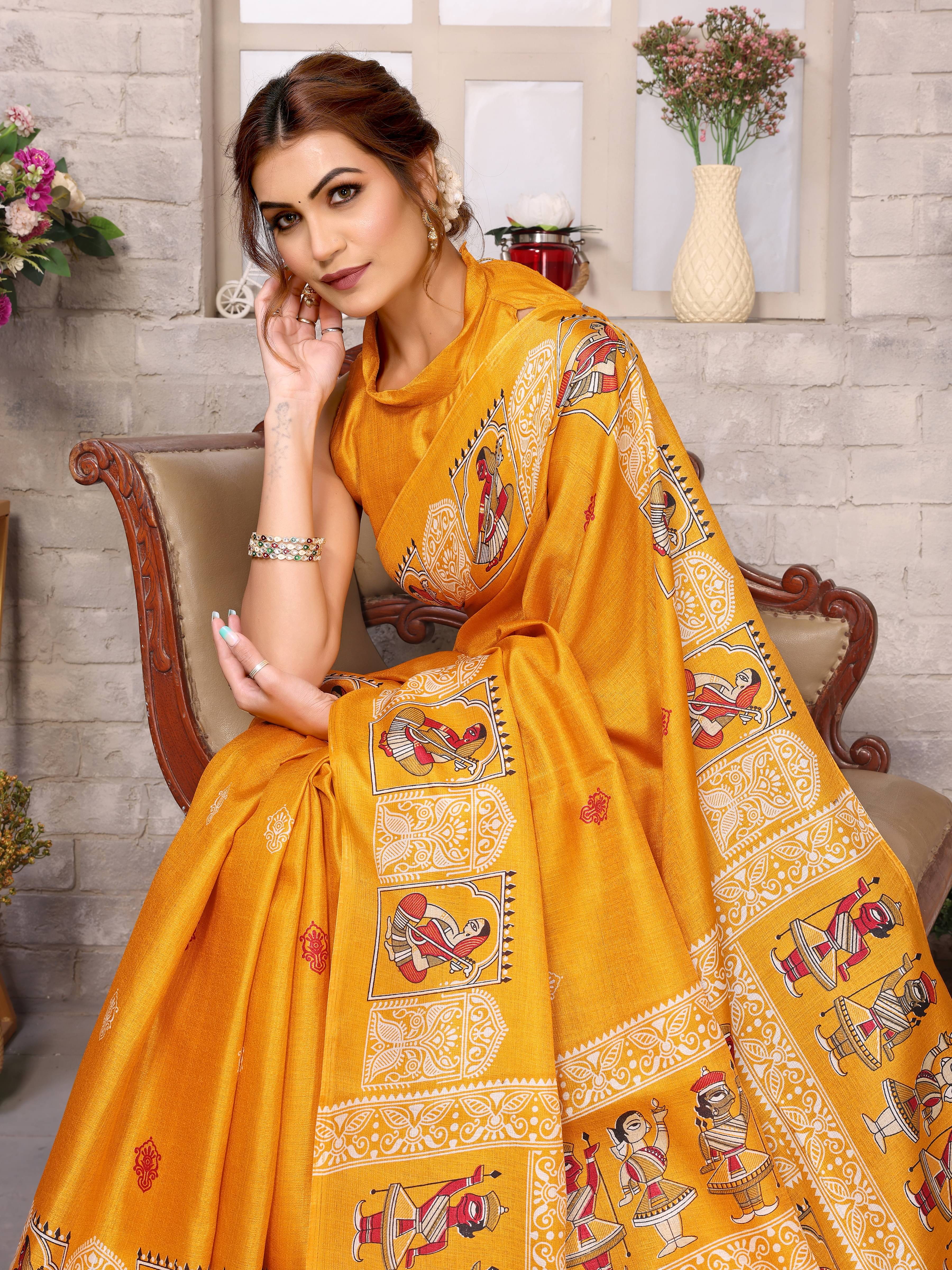 Yashika Art Silk Printed Saree With Unstitched Blouse Piece ( Yellow ) Yashika Art Silk Printed Saree With Unstitched Blouse Piece ( Yellow )