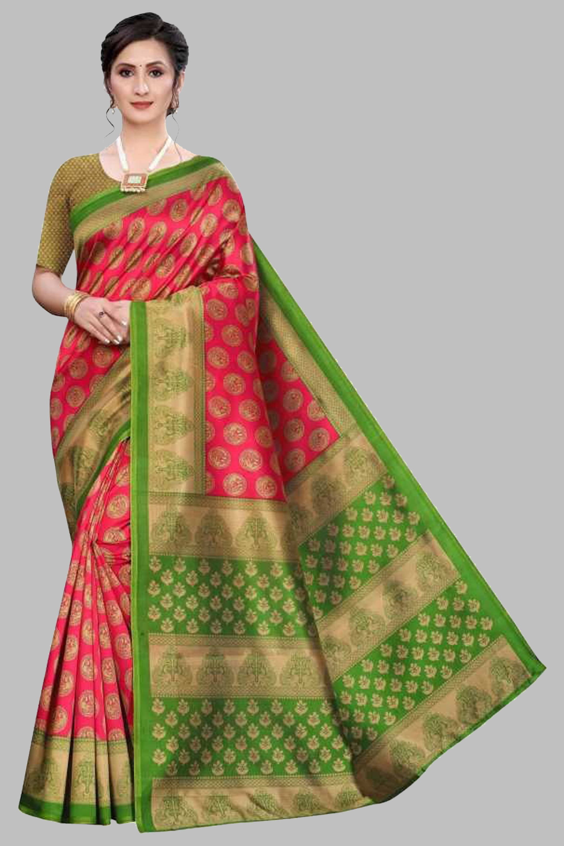     			Yashika Art Silk Printed Saree With Unstitched Blouse Piece ( Pink )