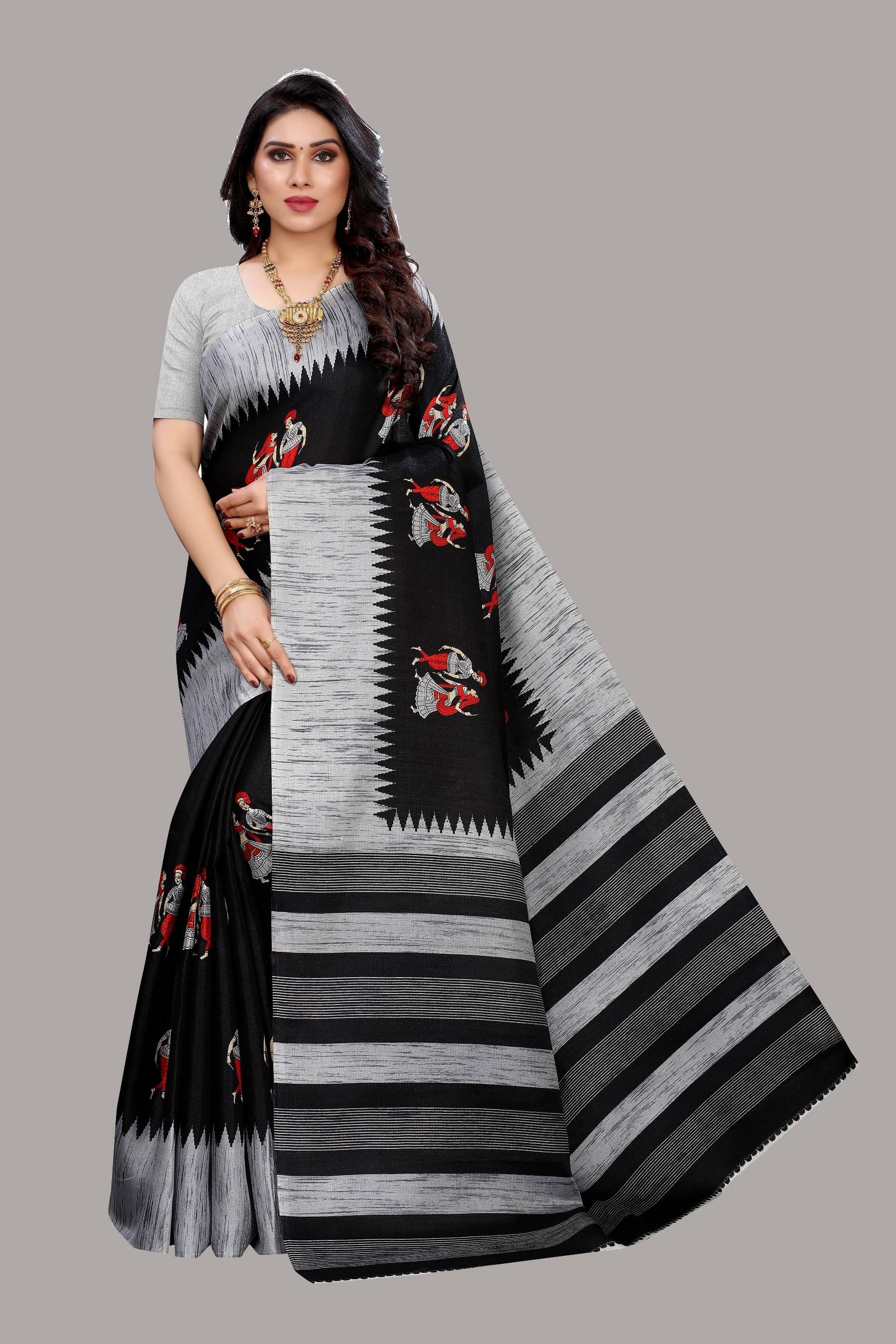 Yashika Art Silk Printed Saree With Unstitched Blouse Piece ( Black ) Yashika Art Silk Printed Saree With Unstitched Blouse Piece ( Black )