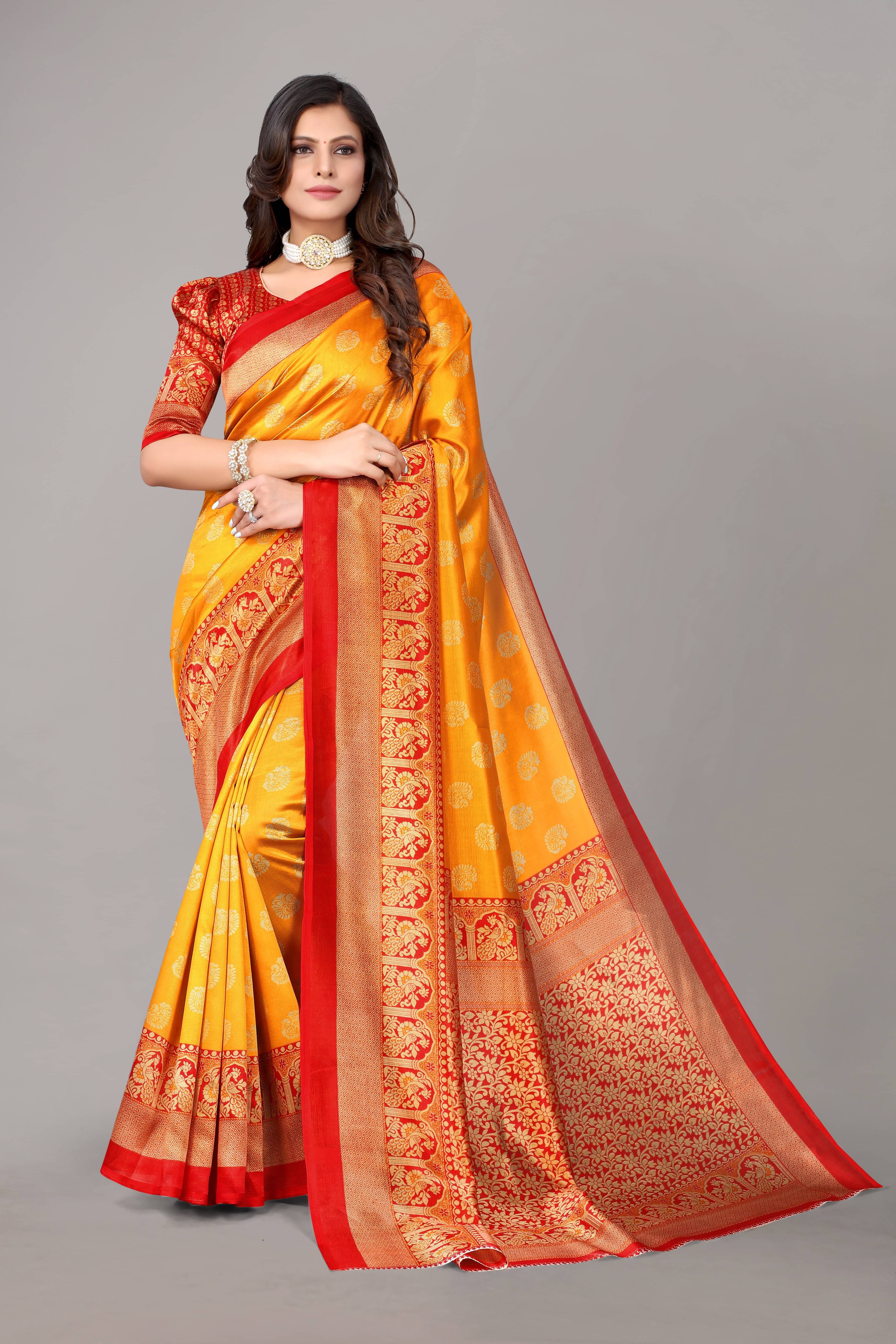 Yashika Art Silk Printed Saree With Unstitched Blouse Piece ( Yellow ) Yashika Art Silk Printed Saree With Unstitched Blouse Piece ( Yellow )