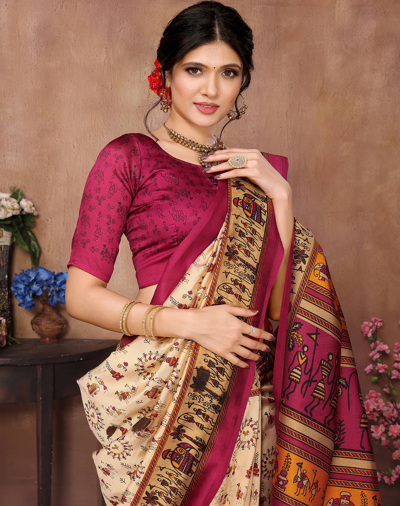     			Yashika Art Silk Printed Saree With Unstitched Blouse Piece ( Maroon )