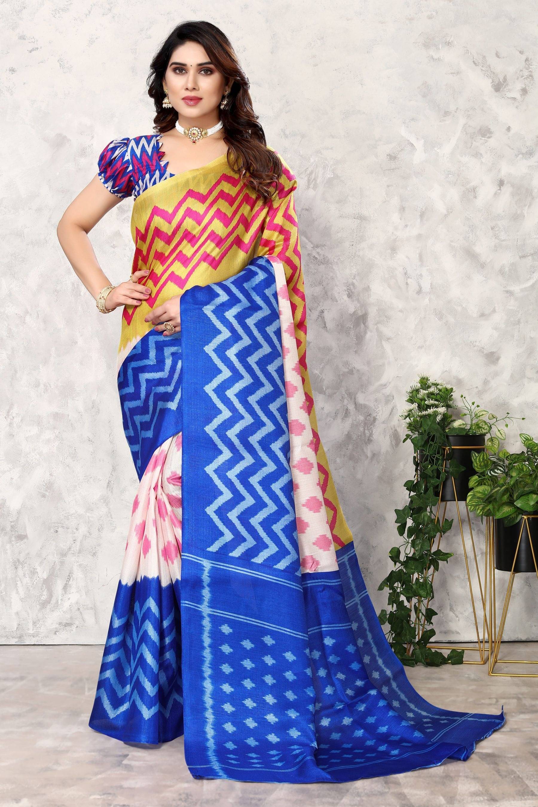 Yashika Art Silk Printed Saree With Unstitched Blouse Piece ( Blue ) Yashika Art Silk Printed Saree With Unstitched Blouse Piece ( Blue )