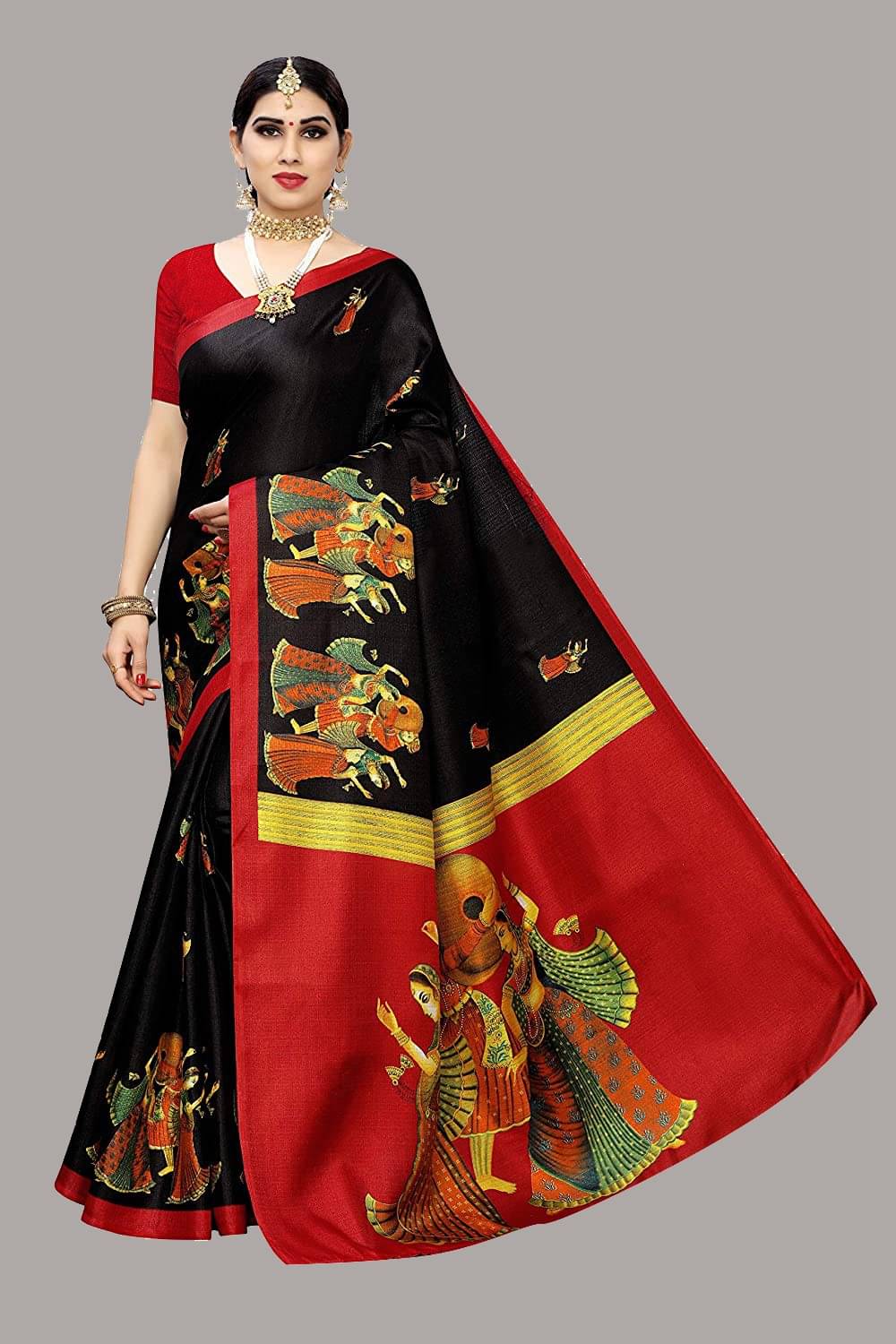 Yashika Art Silk Printed Saree With Unstitched Blouse Piece ( Black ) Yashika Art Silk Printed Saree With Unstitched Blouse Piece ( Black )