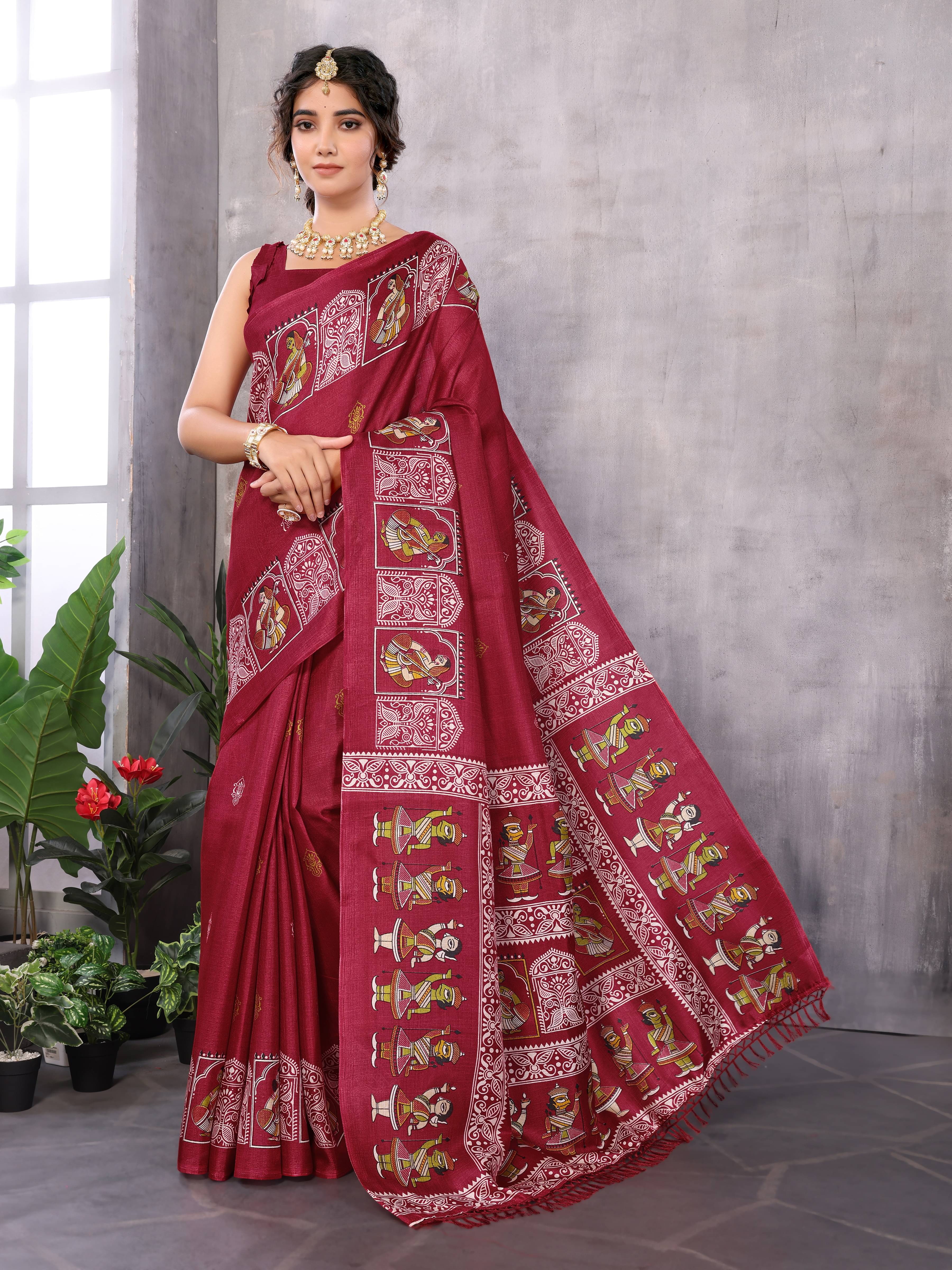 Yashika Art Silk Printed Saree With Unstitched Blouse Piece ( Maroon )     			Yashika Art Silk Printed Saree With Unstitched Blouse Piece ( Maroon )