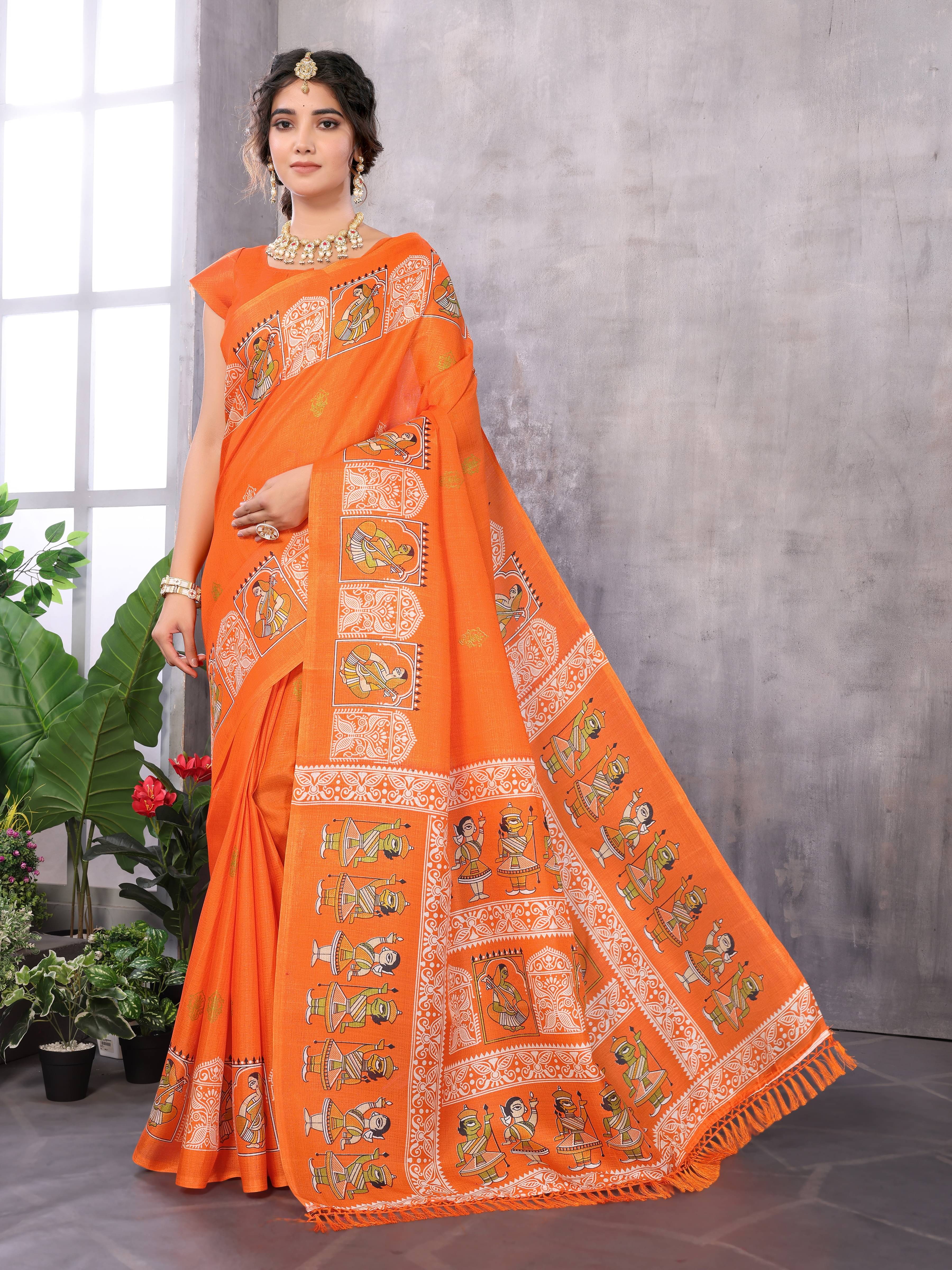 Yashika Art Silk Printed Saree With Unstitched Blouse Piece ( Orange ) Yashika Art Silk Printed Saree With Unstitched Blouse Piece ( Orange )