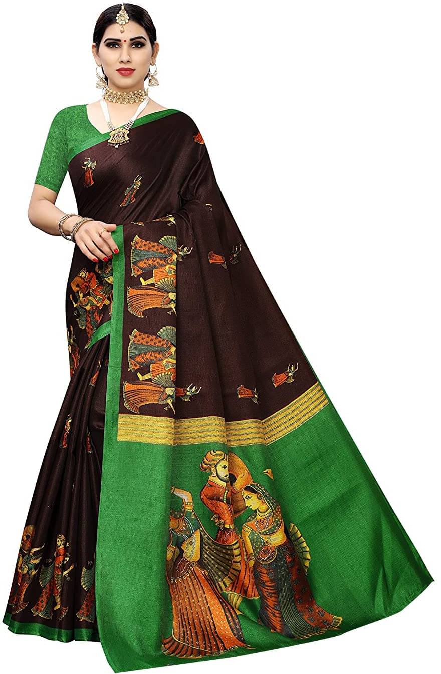     			Yashika Art Silk Printed Saree With Unstitched Blouse Piece ( Brown )