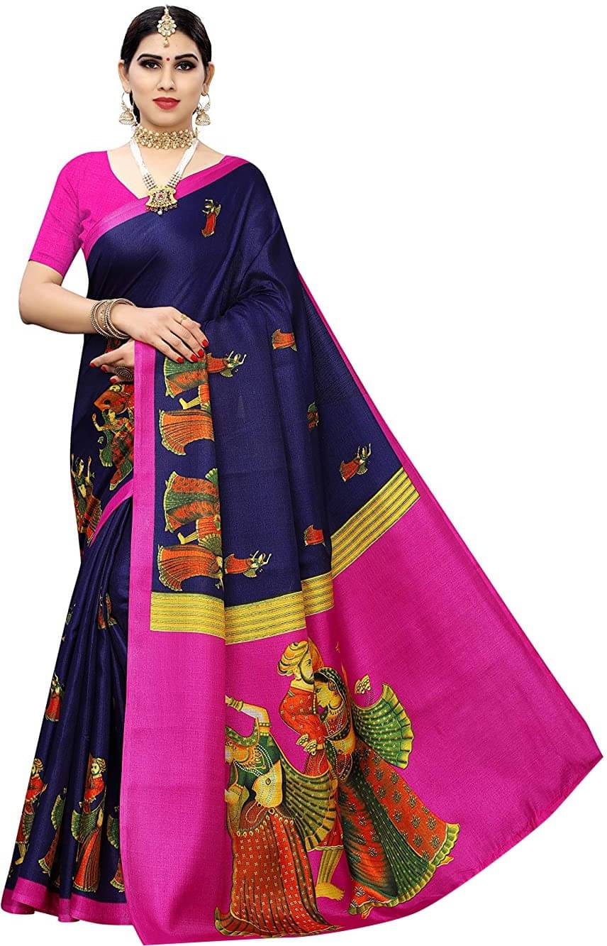     			Yashika Art Silk Printed Saree With Unstitched Blouse Piece ( Blue )