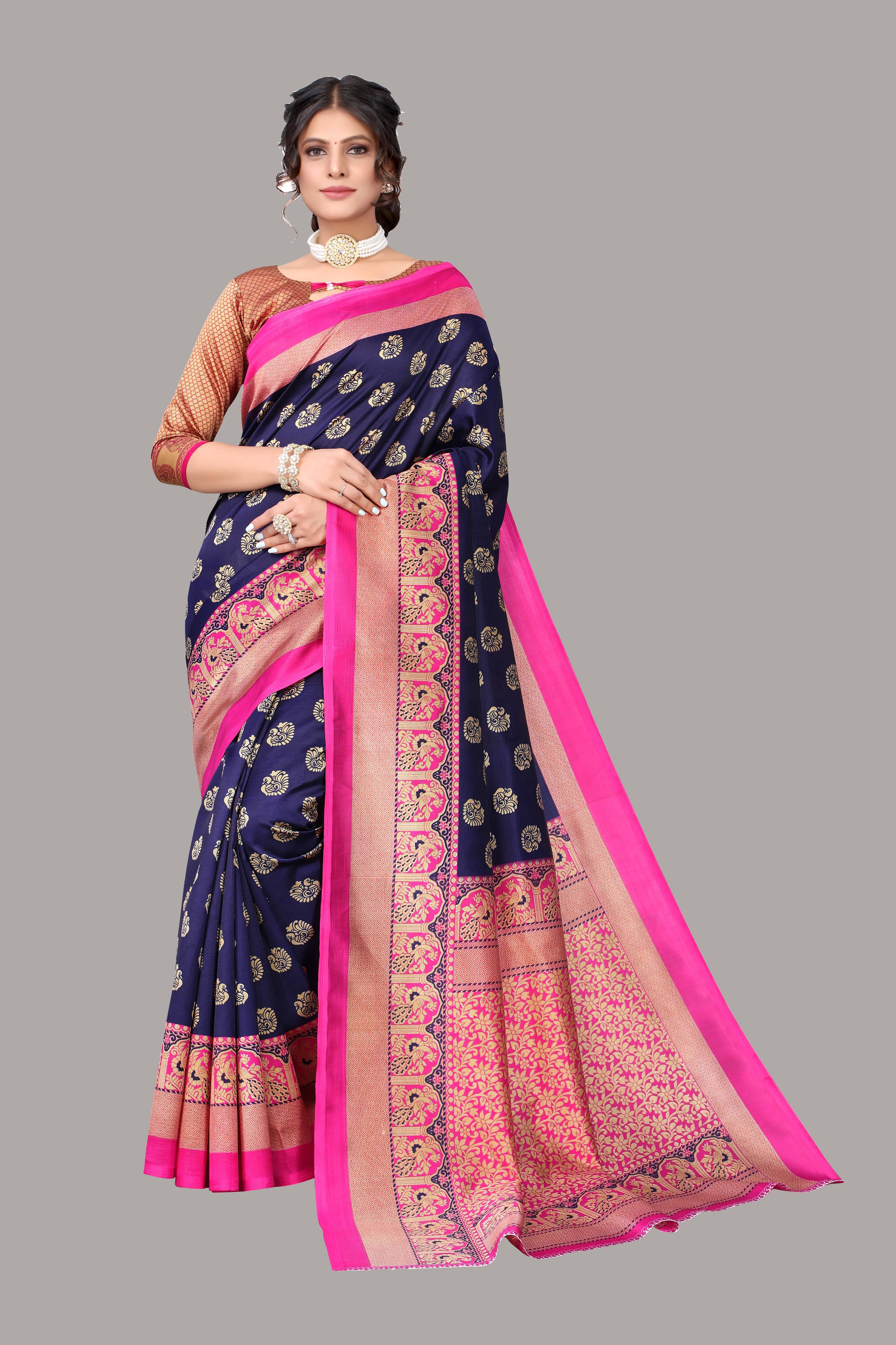     			Yashika Art Silk Printed Saree With Unstitched Blouse Piece ( Blue )
