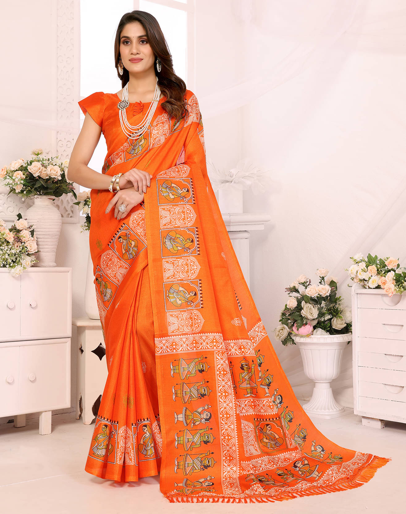     			Yashika Art Silk Printed Saree With Unstitched Blouse Piece ( Orange )