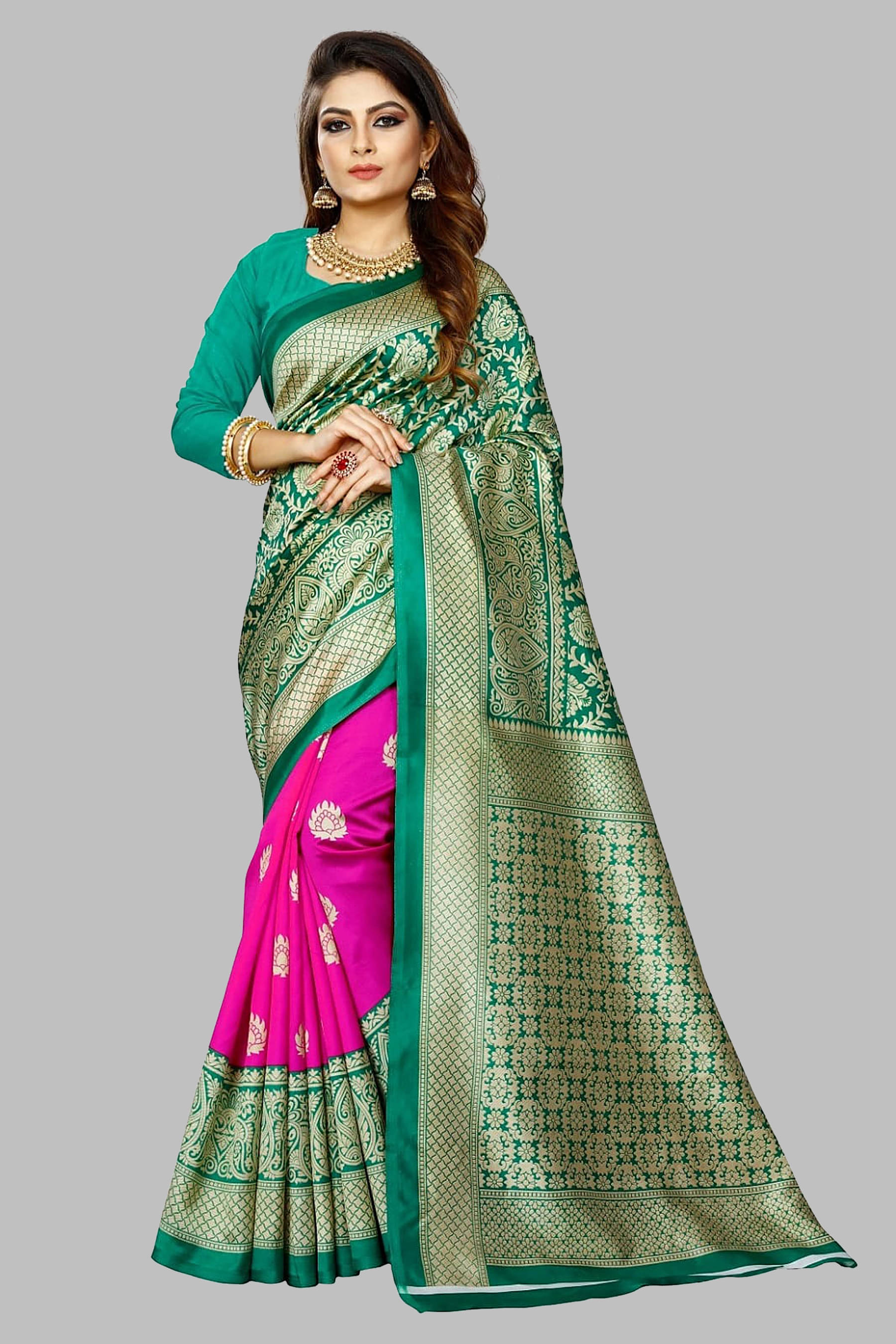     			Yashika Art Silk Printed Saree With Unstitched Blouse Piece ( Pink )