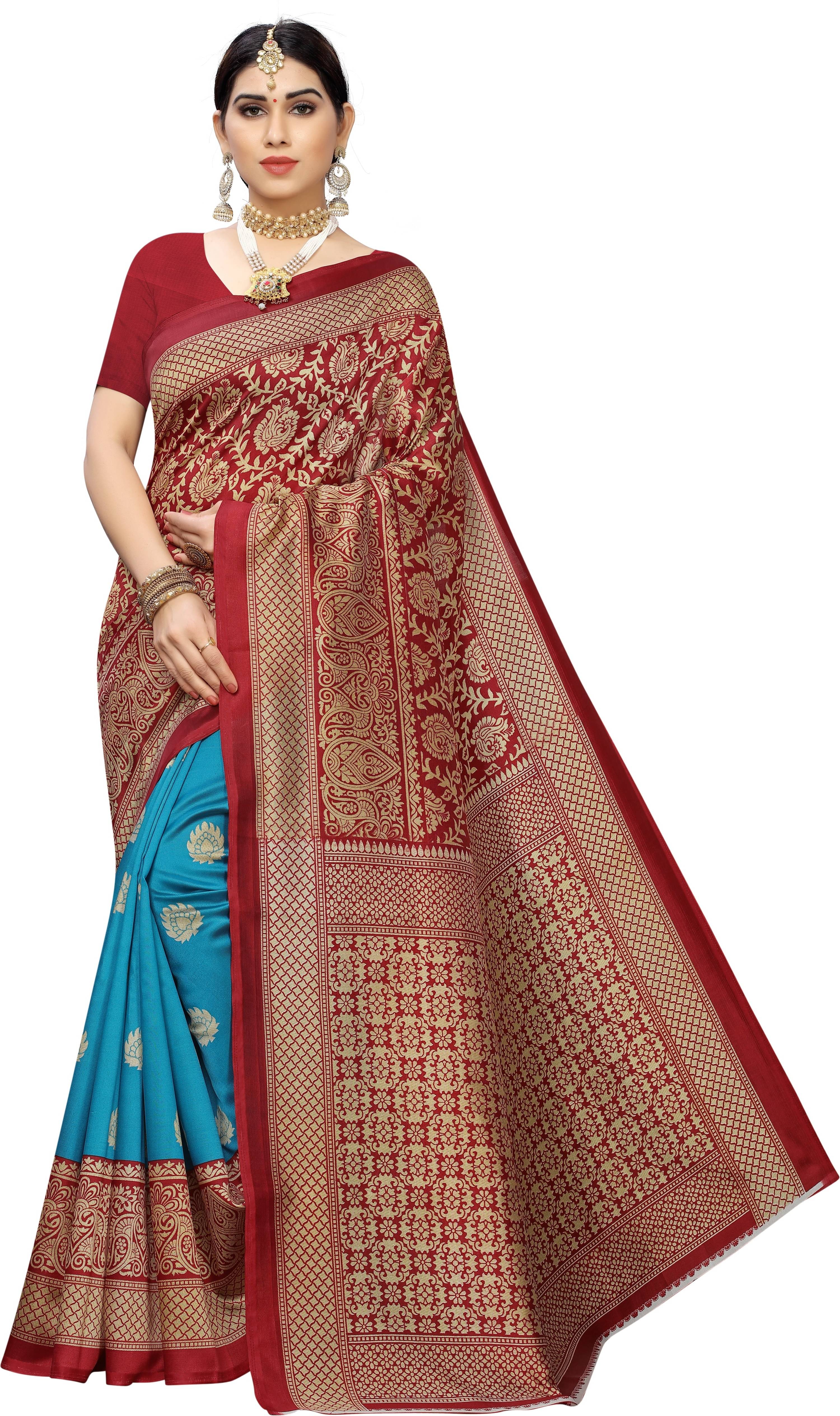     			Yashika Art Silk Printed Saree With Unstitched Blouse Piece ( Maroon )