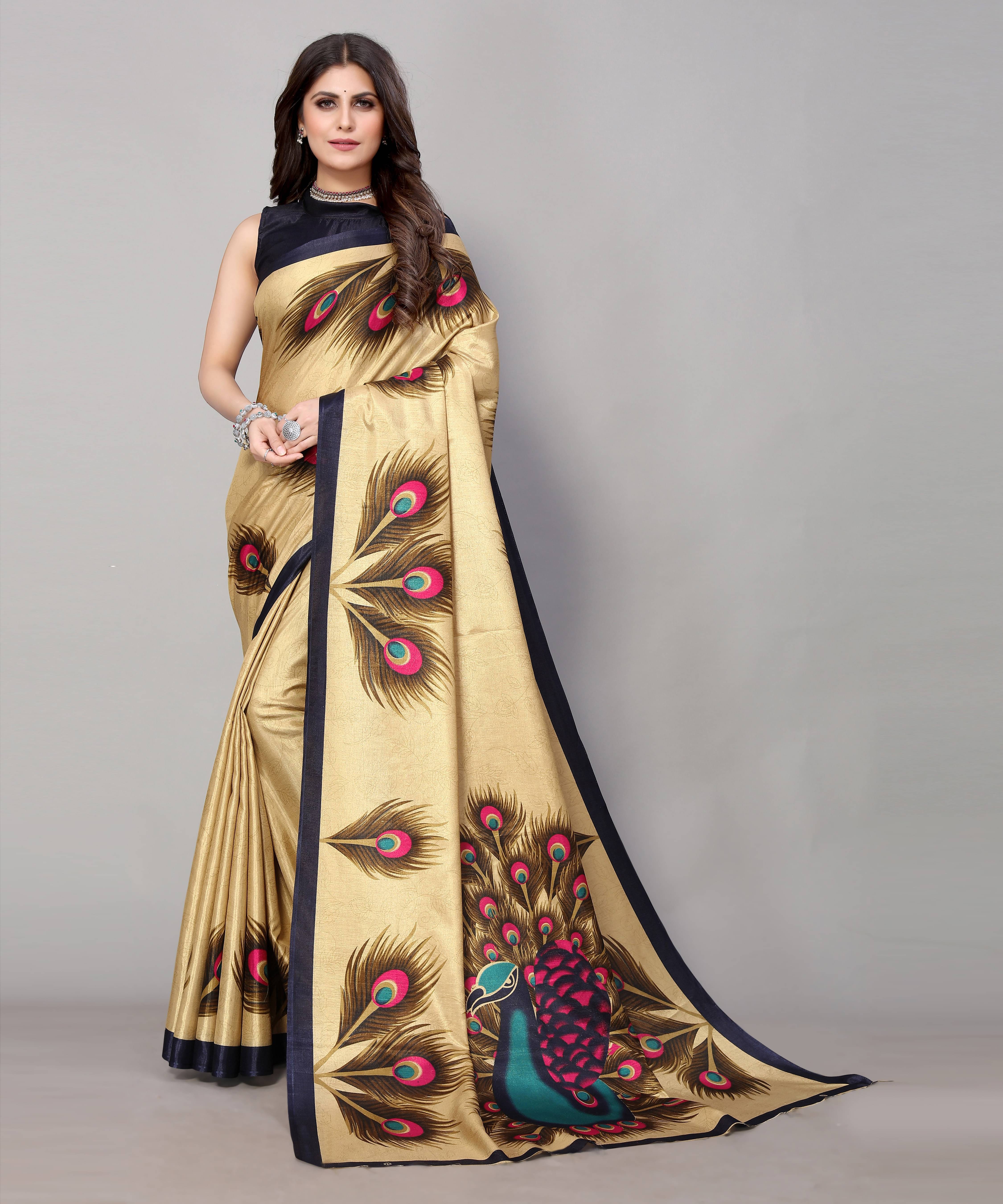 Yashika Art Silk Printed Saree With Unstitched Blouse Piece ( Beige ) Yashika Art Silk Printed Saree With Unstitched Blouse Piece ( Beige )