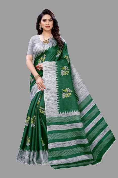     			Yashika Art Silk Printed Saree With Unstitched Blouse Piece ( Green )