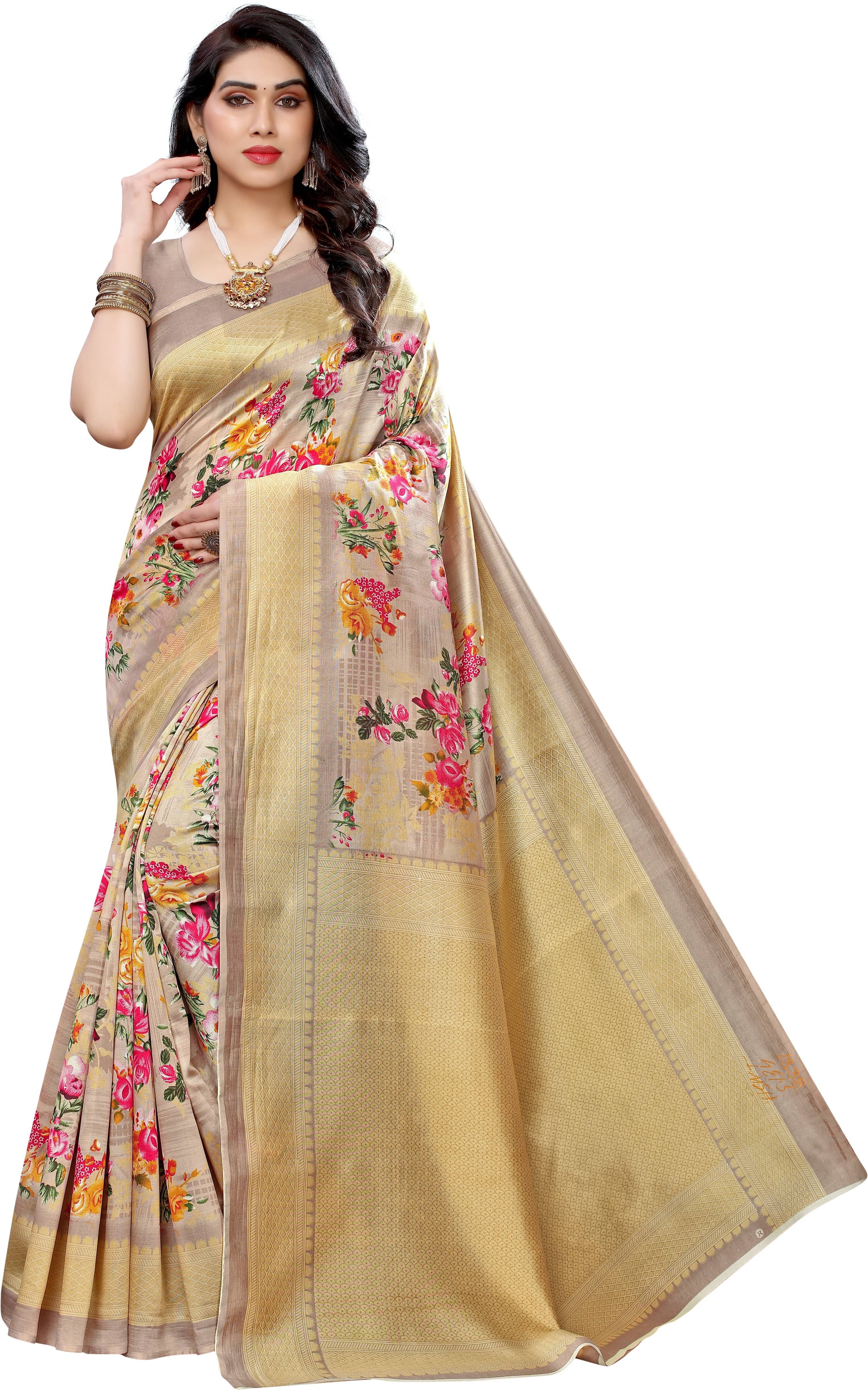 Yashika Art Silk Printed Saree With Unstitched Blouse Piece ( Mustard ) Yashika Art Silk Printed Saree With Unstitched Blouse Piece ( Mustard )